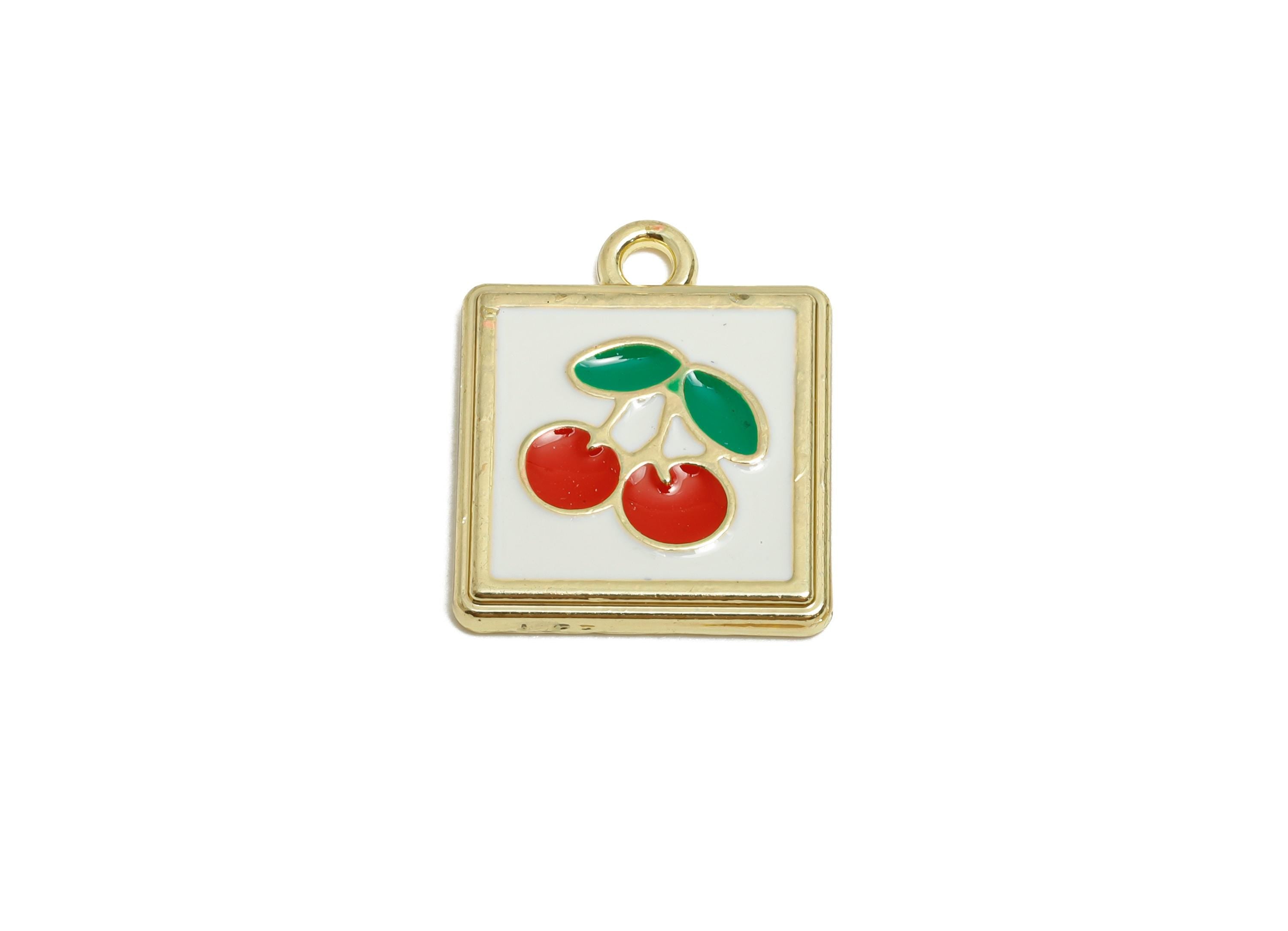 Alloy Cherry Square Charm - Cute Enamel Fruit Pendant - Enamel Jewelry Accessory - Metal Craft Supply - KC Gold Plated - 18x15x2mm - AC3573