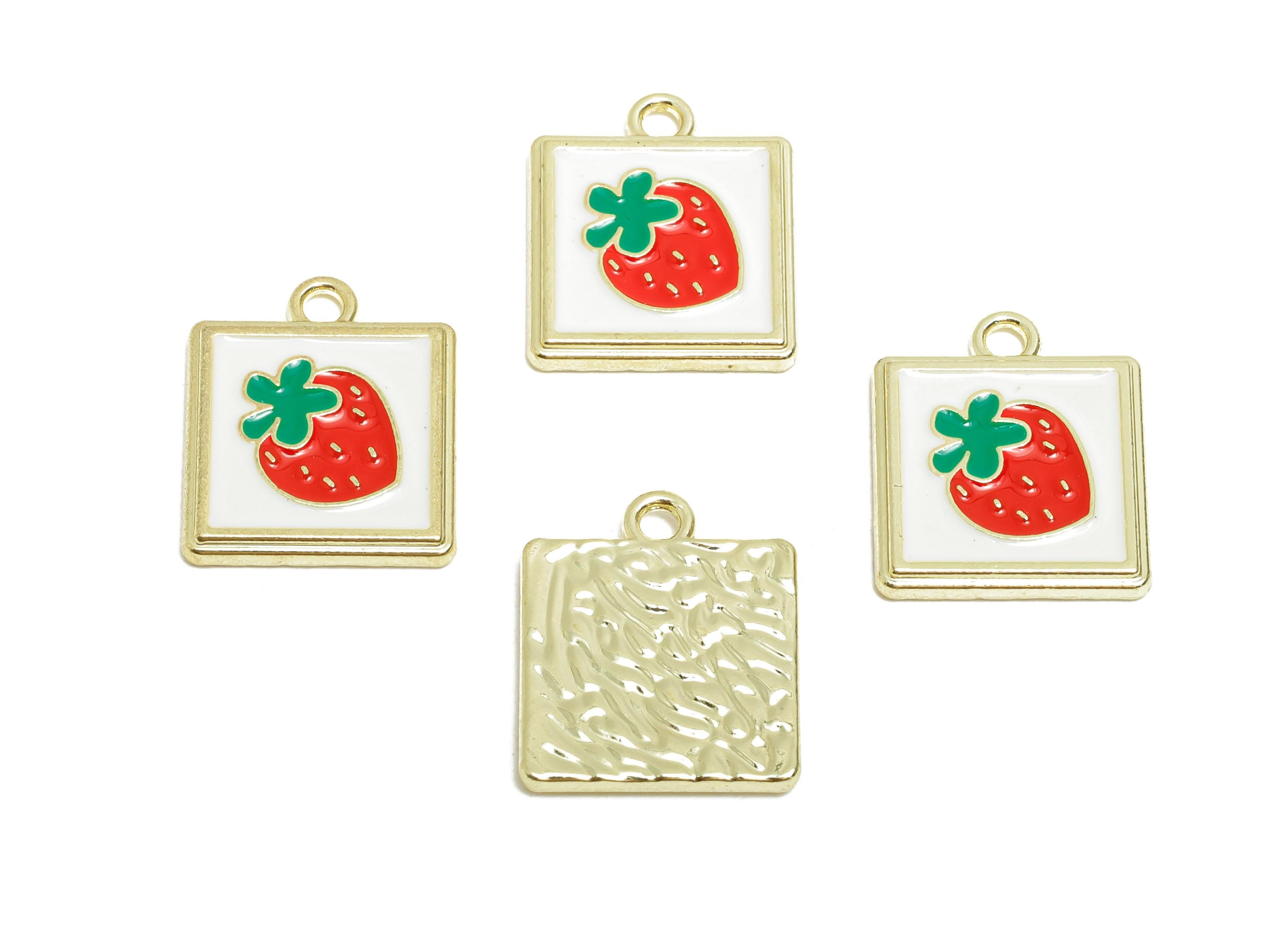 Alloy Strawberry Square Charm - Cute Enamel Fruit Pendant - Enamel Jewelry Supply - Metal Craft Making - KC Gold Plated - 18x15x2mm - AC3574