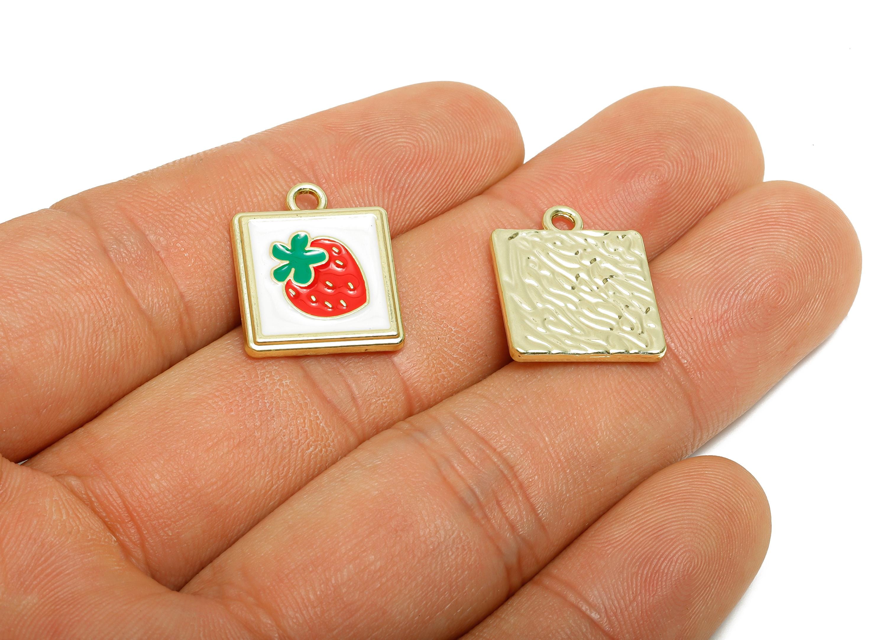 Alloy Strawberry Square Charm - Cute Enamel Fruit Pendant - Enamel Jewelry Supply - Metal Craft Making - KC Gold Plated - 18x15x2mm - AC3574