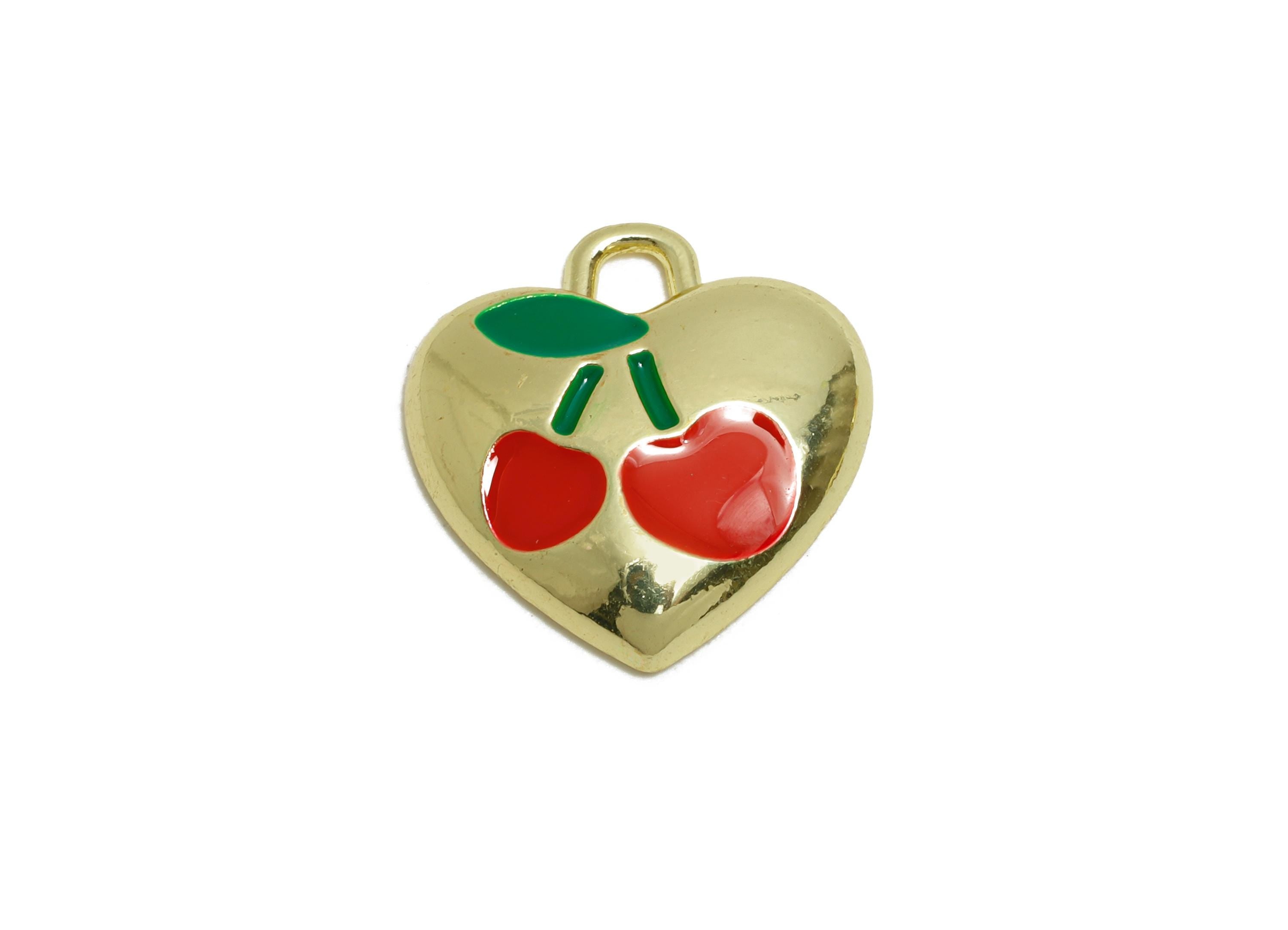 Alloy Enamel Cherry Pendant - Colorful Heart Fruit Jewelry Charm - Refined Heart Pendant - Craft Jewelry Making - 16.1x15.2x2.8mm - AC3575