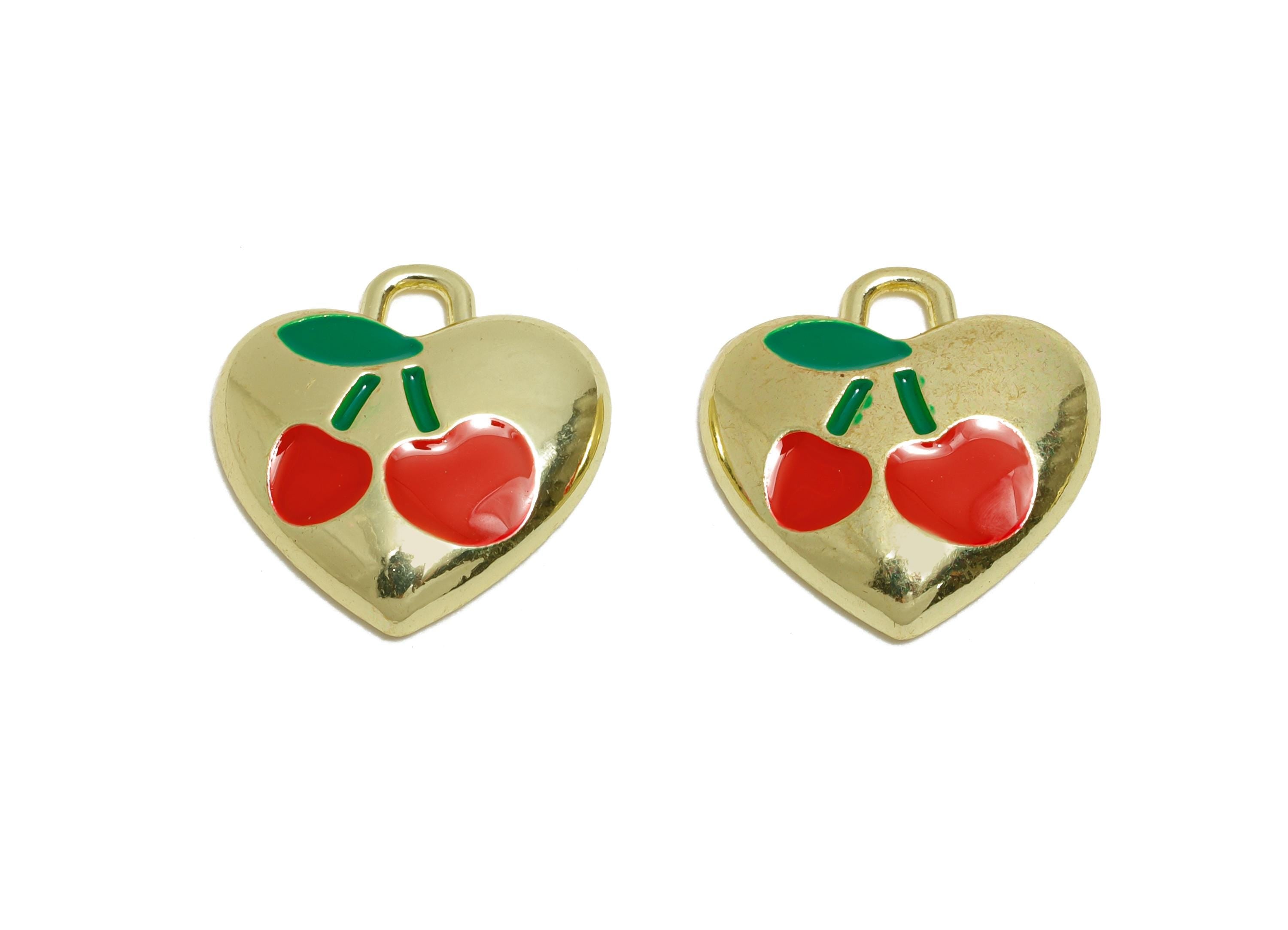 Alloy Enamel Cherry Pendant - Colorful Heart Fruit Jewelry Charm - Refined Heart Pendant - Craft Jewelry Making - 16.1x15.2x2.8mm - AC3575