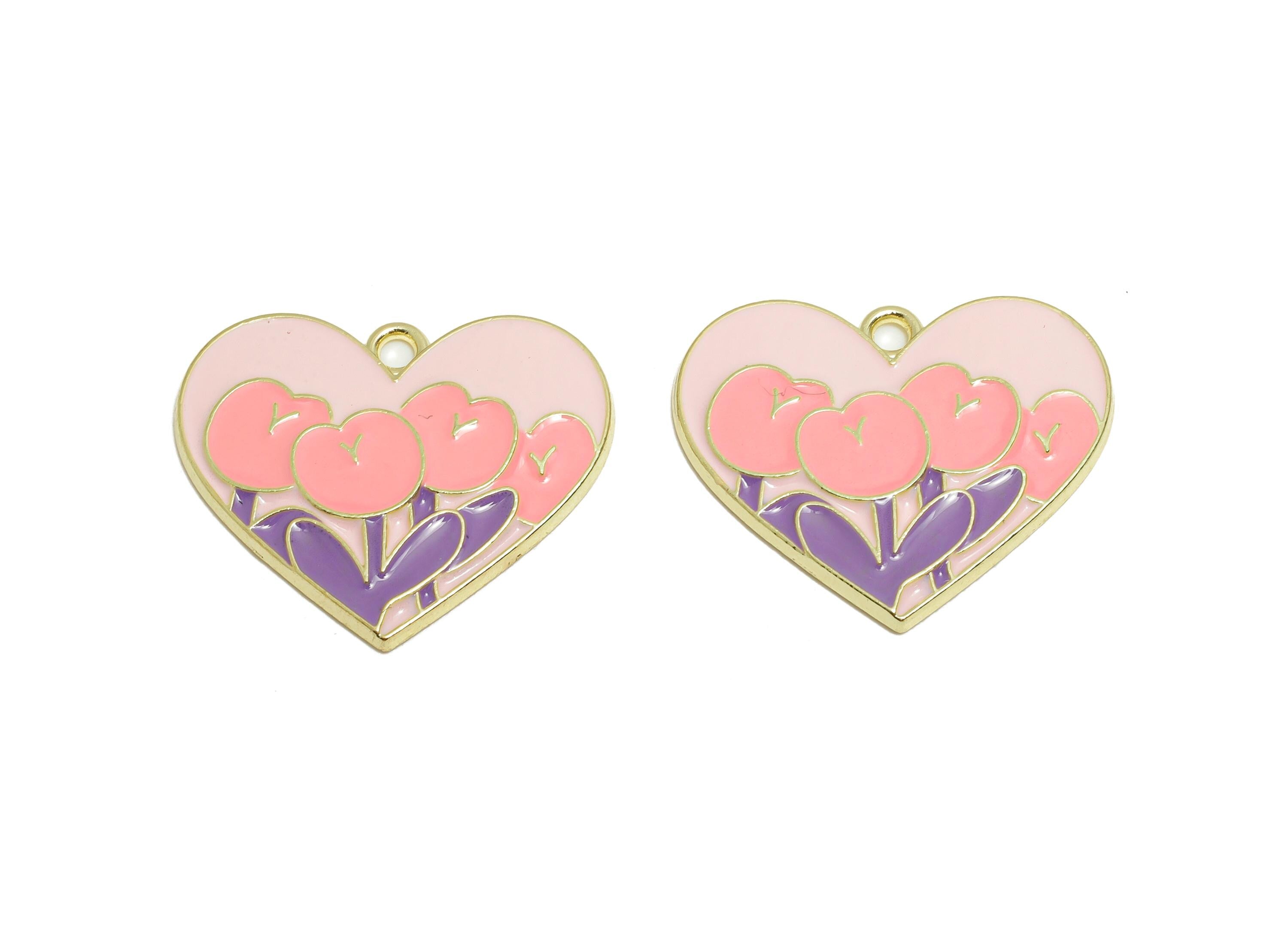 Alloy Enamel Flower Pendant - Colorful Heart Pink Tulip Jewelry Design - Multicolor Enamel Component - DIY Craft Making - 25x21x2mm - AC3548