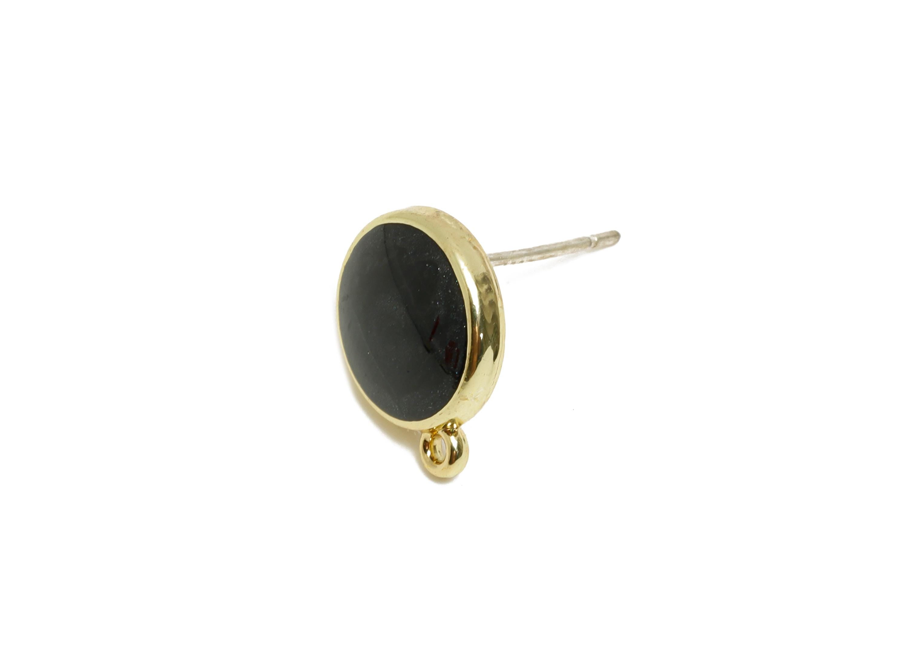 Alloy Enamel Earring Studs - Modern Black Round Psot with Loop - Minimalist Stud Earring Base - KC Gold Tone Plated - 12.5x10x3mm - AC3556