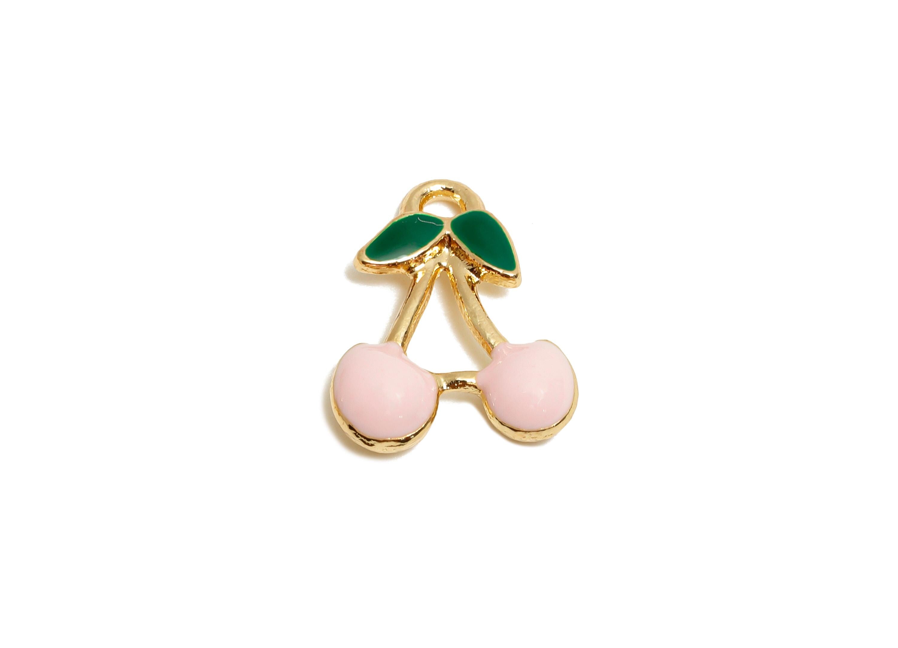 Alloy Pink Enamel Cherry Pendant - Kawaii Cherry Charm for Necklace - Enamel Fruit Accessory - Craft Jewelry Making - 15x11.8x4mm - AC3473A