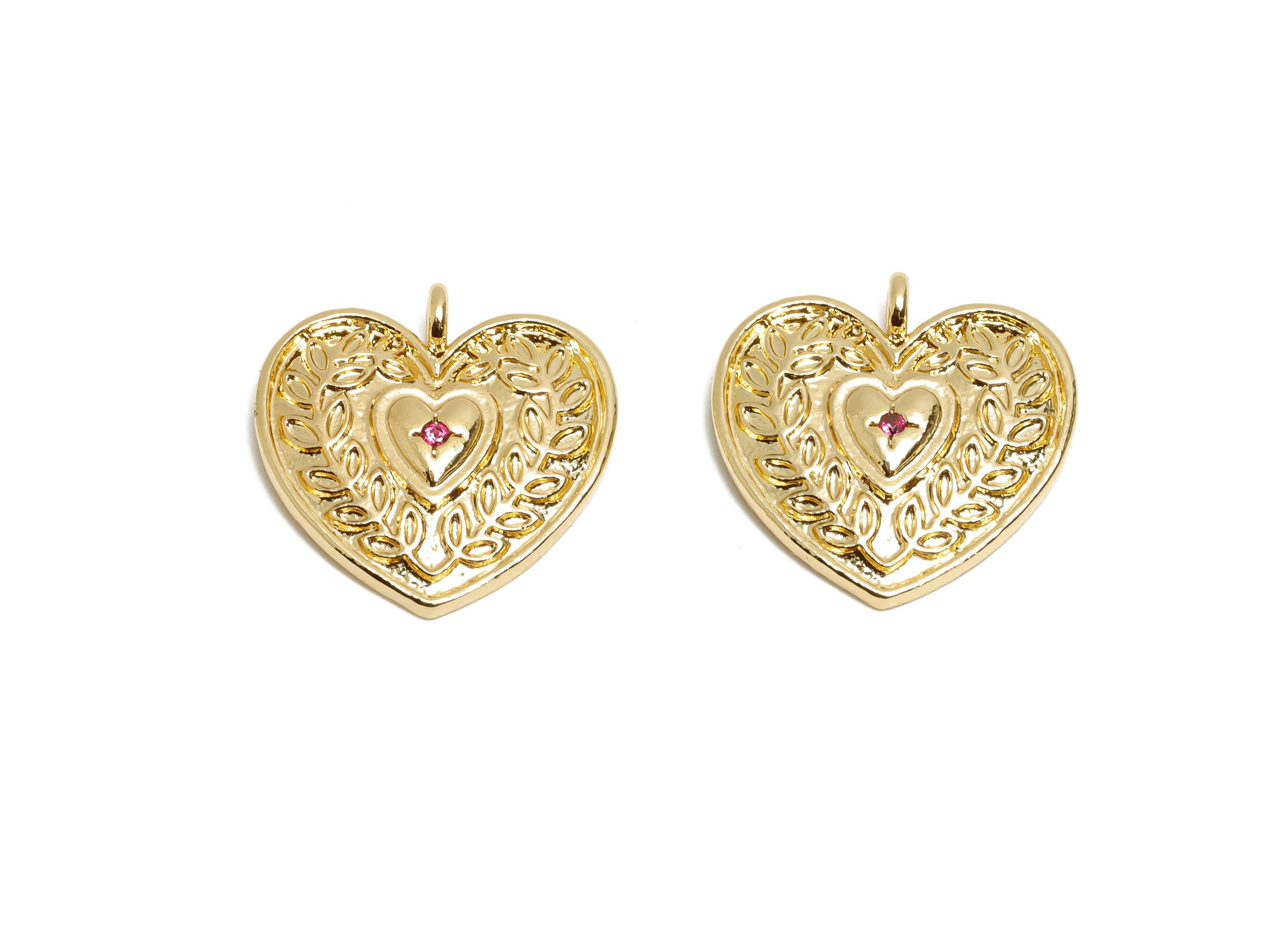 Brass CZ Vintage Heart Pendant - Zircon Floral Pattern Jewelry Charm - Valentine&#39;s Day Jewelry - KC Gold Tone Plating - 17.9x17x2mm - AC3434 - DOMEDBAZAAR