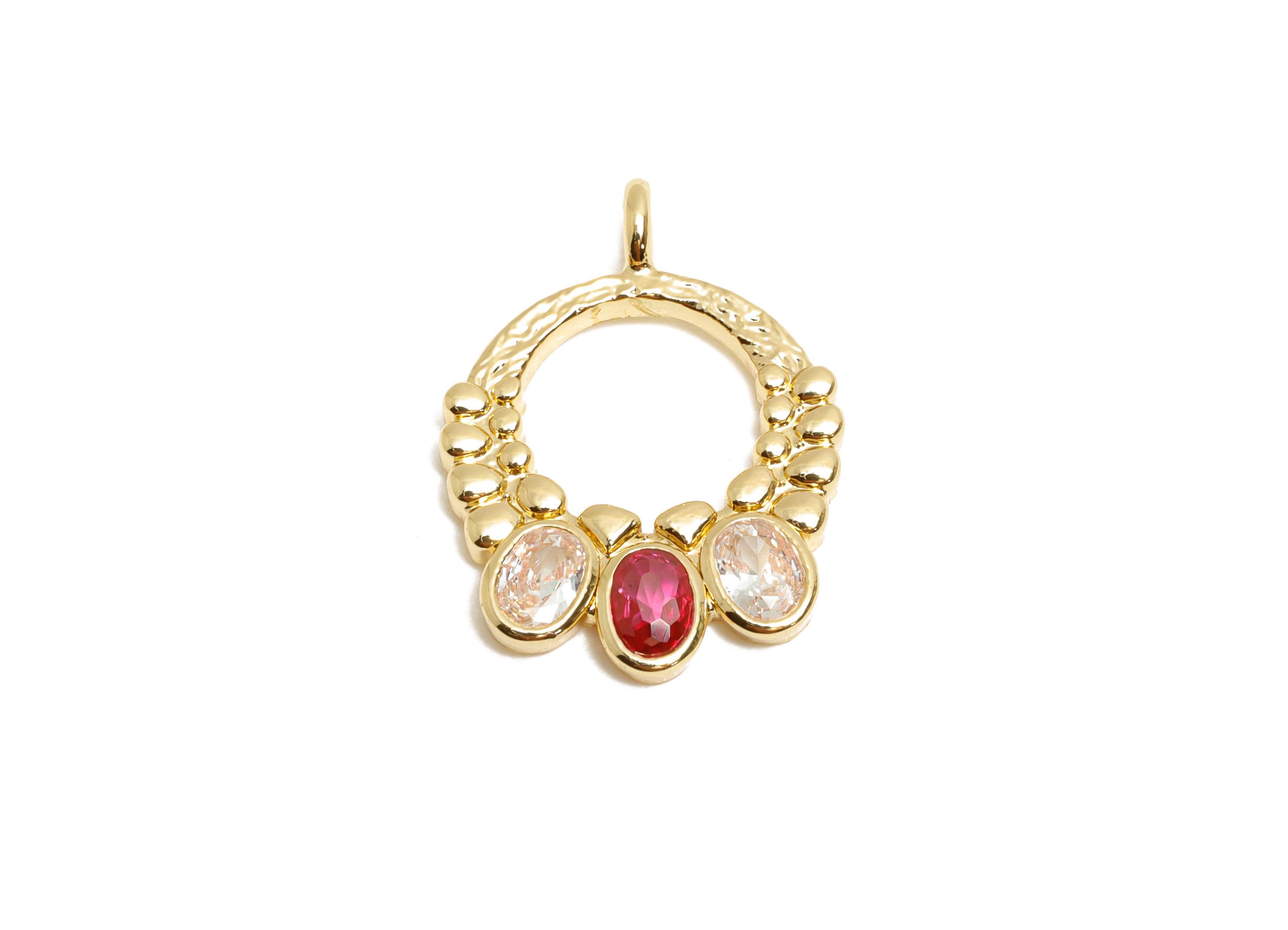 Brass CZ Circle Pendant - Zircon Geometry Jewelry Charm - Sparkling Gemstone Craft Supply Charm - KC Gold Tone Plating - 19x14x3mm - AC3432 - DOMEDBAZAAR