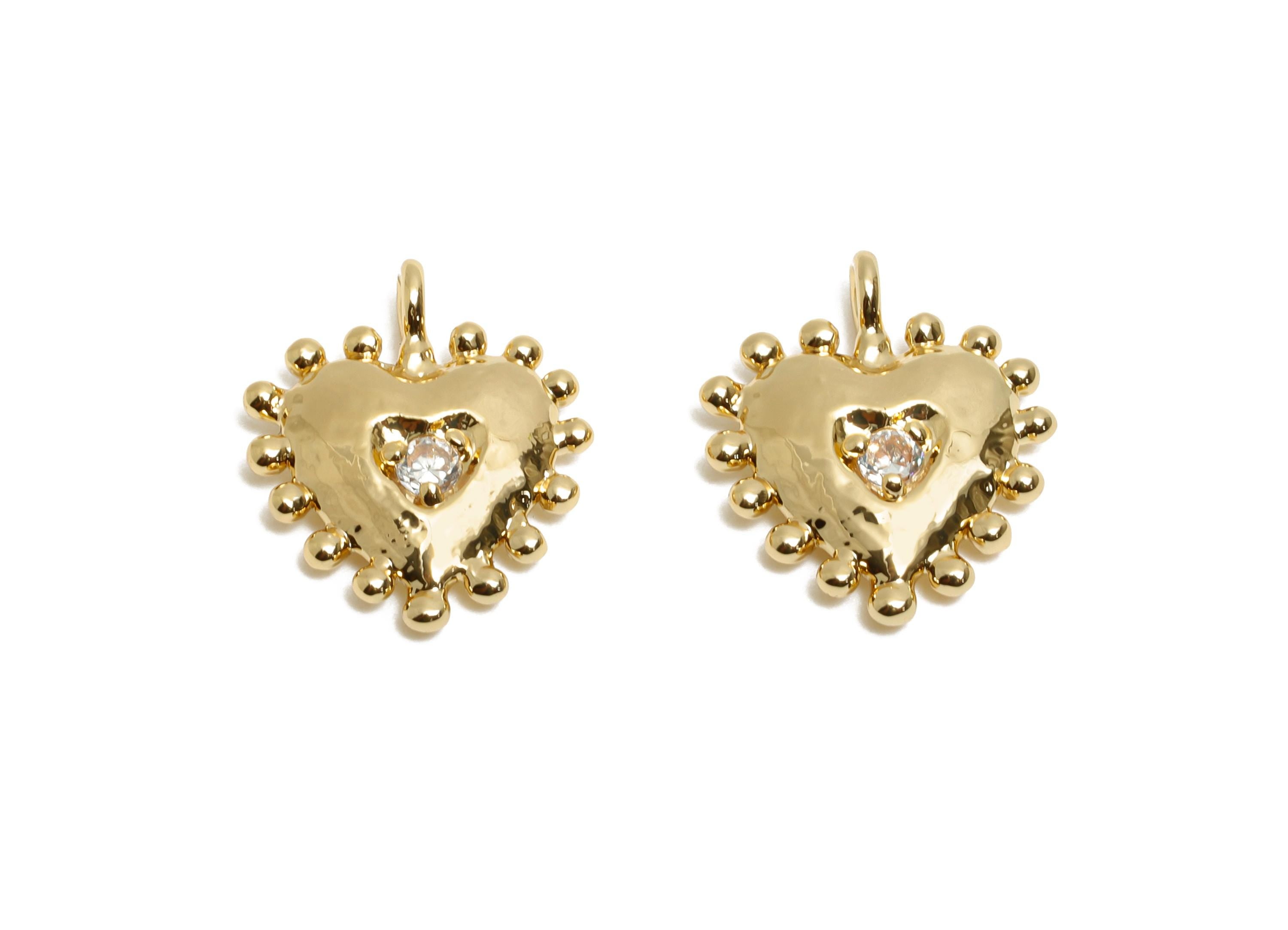 Brass CZ Vintage Heart Pendant - Zircon Beaded Romantic Pendant - Valentine&#39;s Day Jewelry - KC Gold Tone Plating - 14x12.45x2.9mm - AC3440 - DOMEDBAZAAR