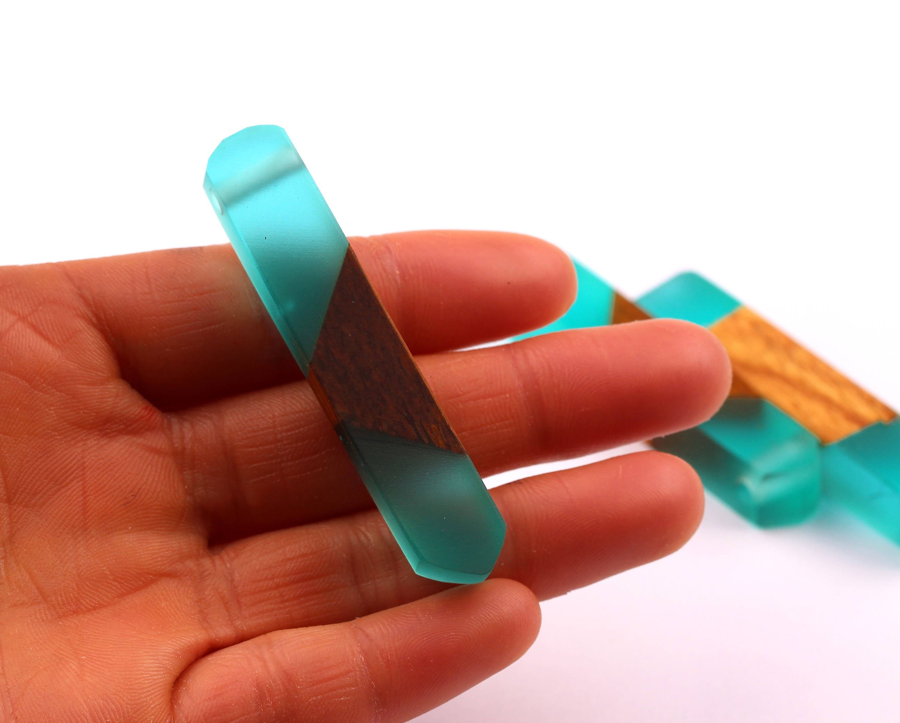 Wood Resin Pendant - Natural Mahogany Wooden Charms - Blue Epoxy Resin Necklace - Jewelry Supplies - Wooden Beads - 60x10x11mm - BB1018MB - DOMEDBAZAAR