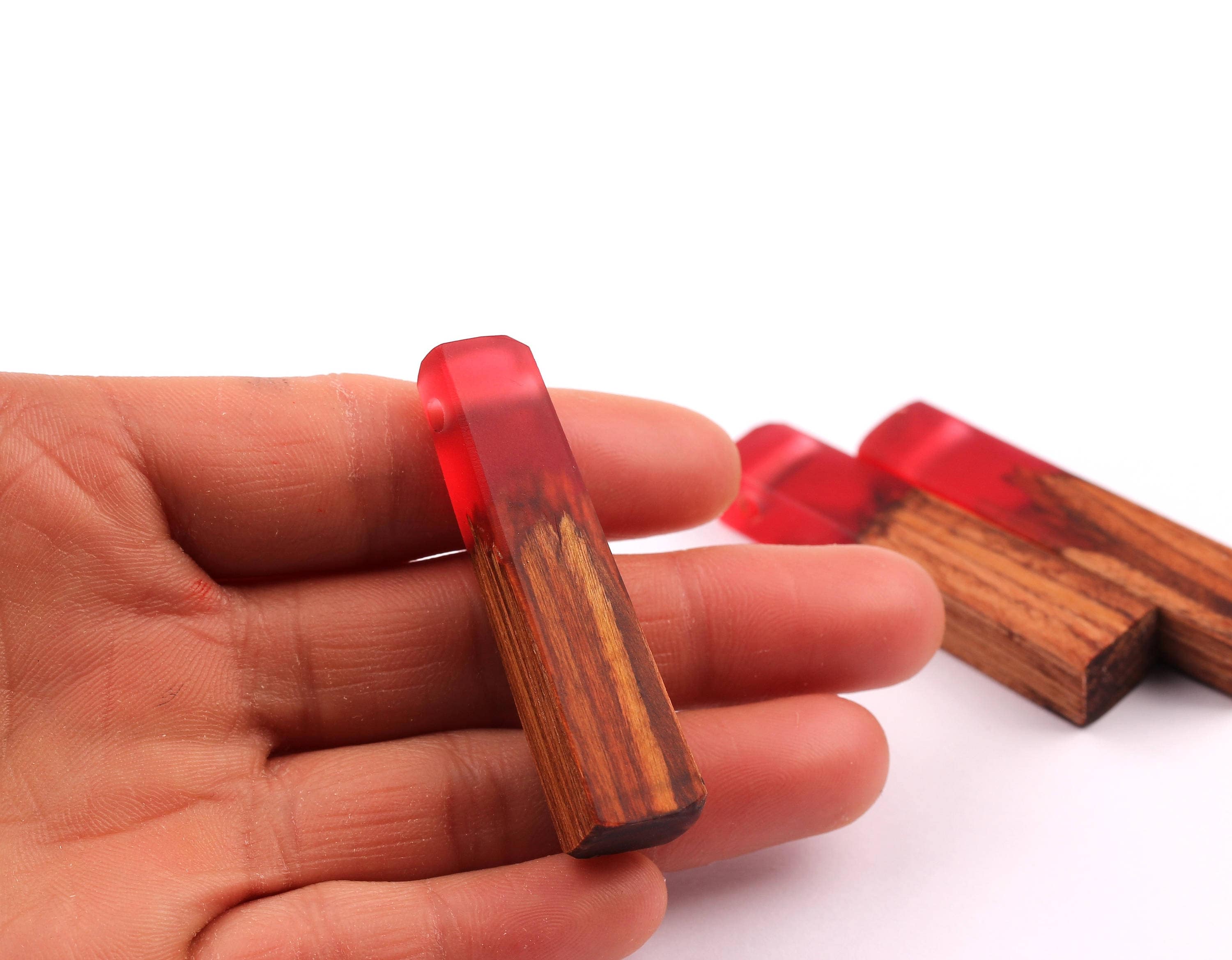 Wood Resin Pendant - Natural Mahogany Wooden Charms - Red Epoxy Resin Necklace - Jewelry Supplies - Wooden Beads - 49x10x12mm - BB1021MR - DOMEDBAZAAR