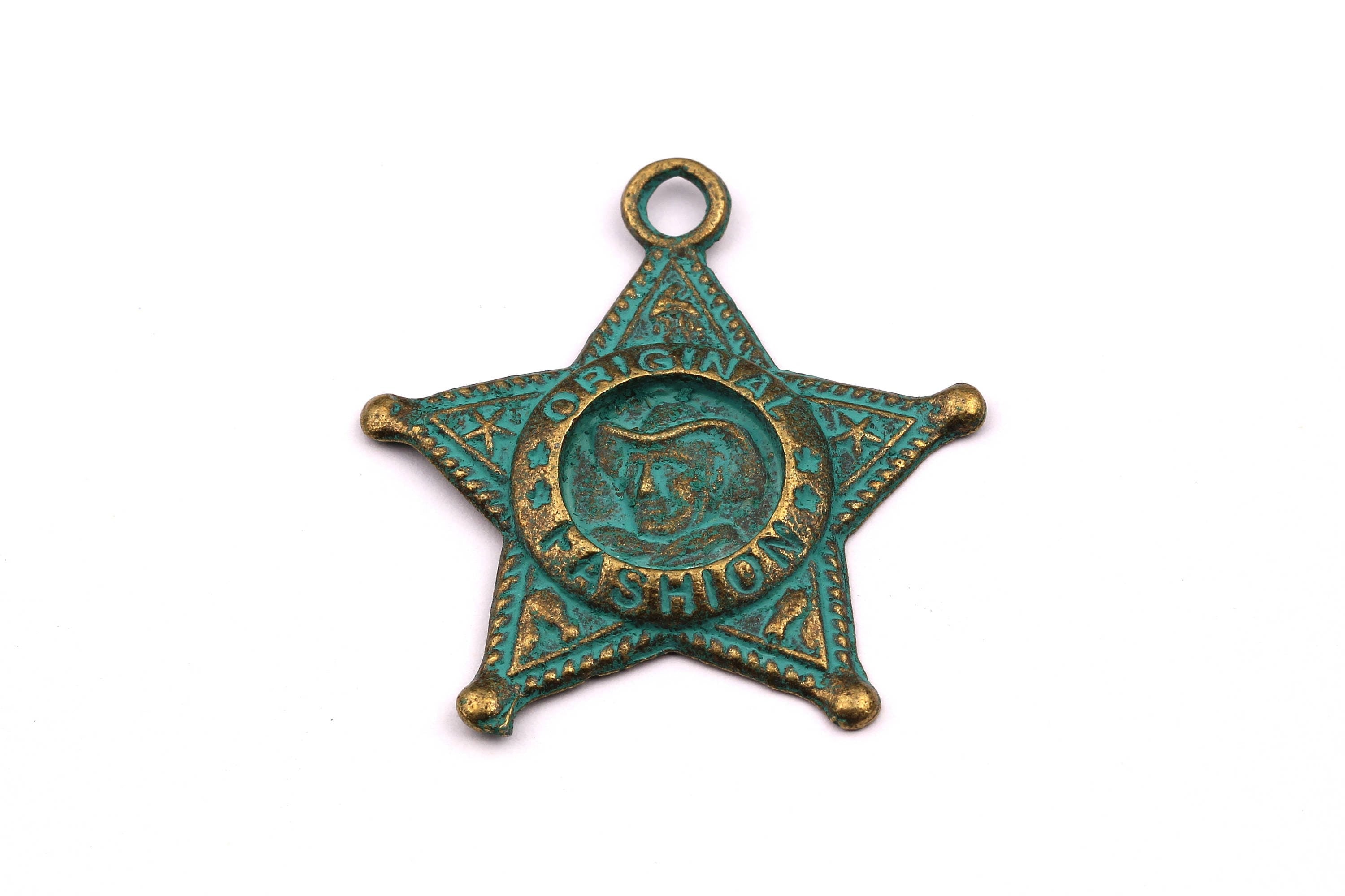 Faux Patina Pendant - Star Shaped - Alloy Charms - Antique Bronze Tone Necklace - Zinc Alloy Beads - Sheriff Star - 39x35x3mm ZZ1075 - DOMEDBAZAAR