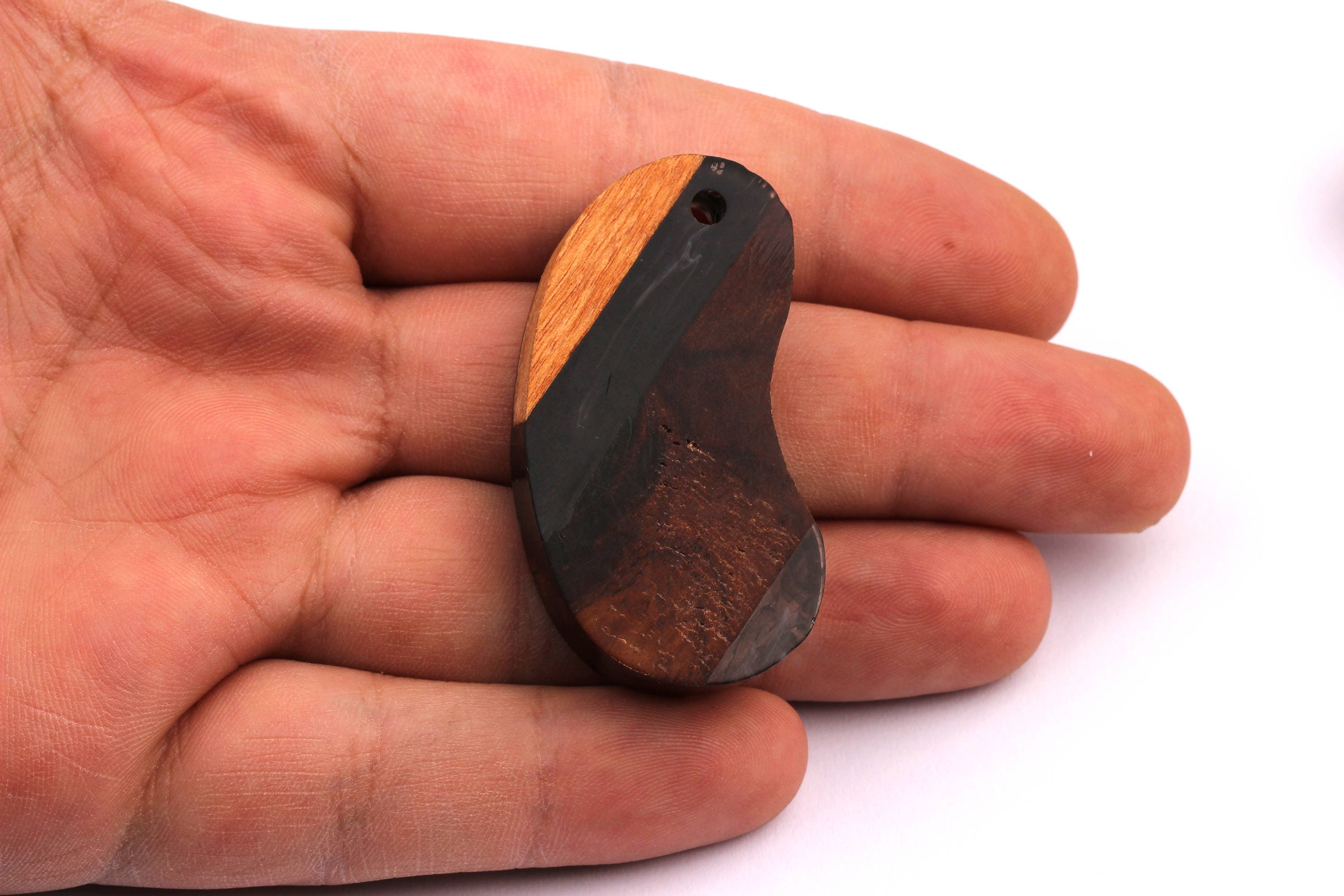 Wood Resin Pendant - Natural Mahogany Wooden Charms - Black Epoxy Resin Necklace - Bean Shaped - Wooden Beads - 46x24x10 - BB1029BK - DOMEDBAZAAR