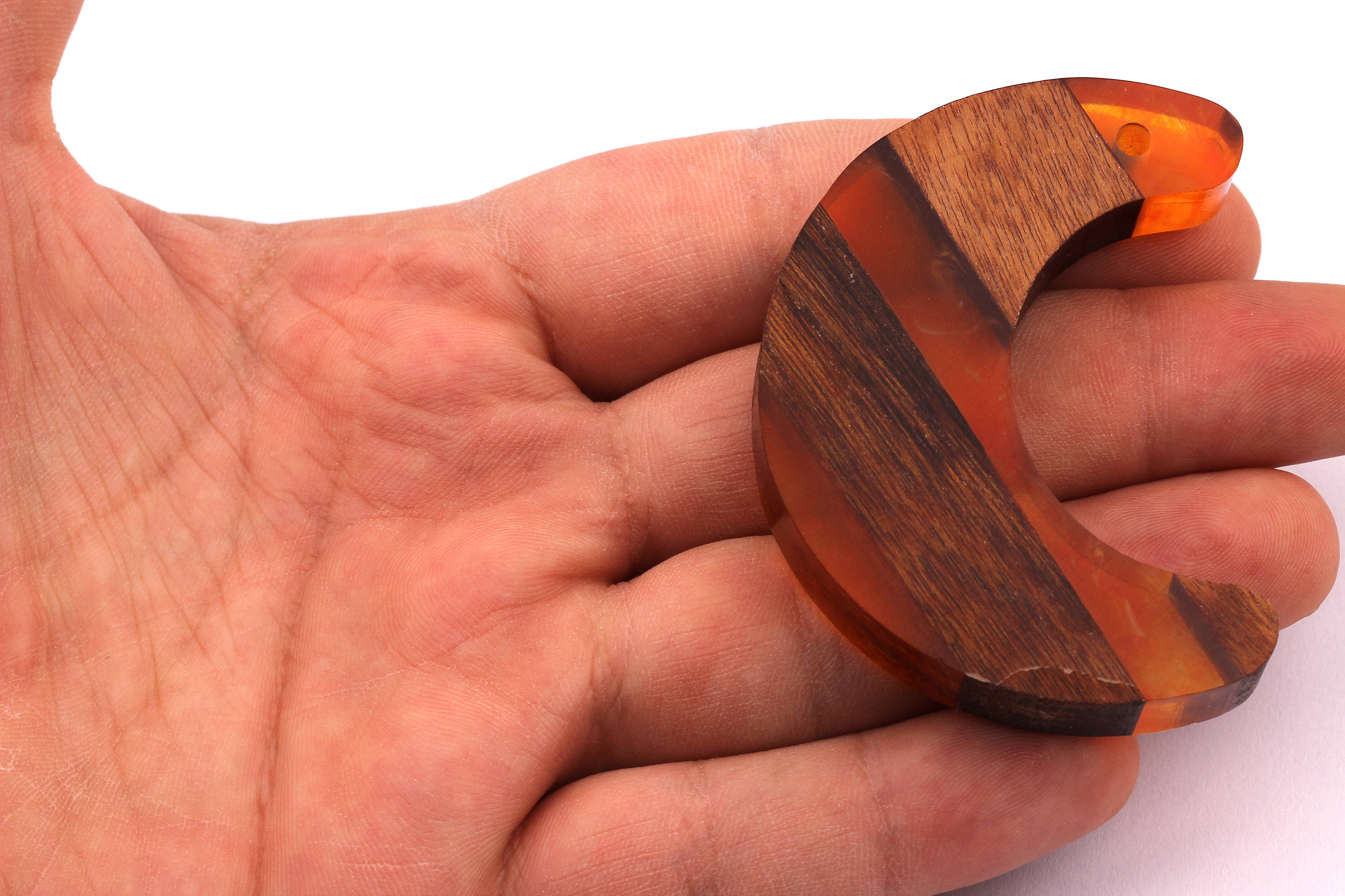 Wood Resin Pendant - Natural Mahogany Wooden Charms - Orange Epoxy Resin Necklace - Crescent Shaped - Wooden Beads - 60X22x9mm - BB1031O - DOMEDBAZAAR