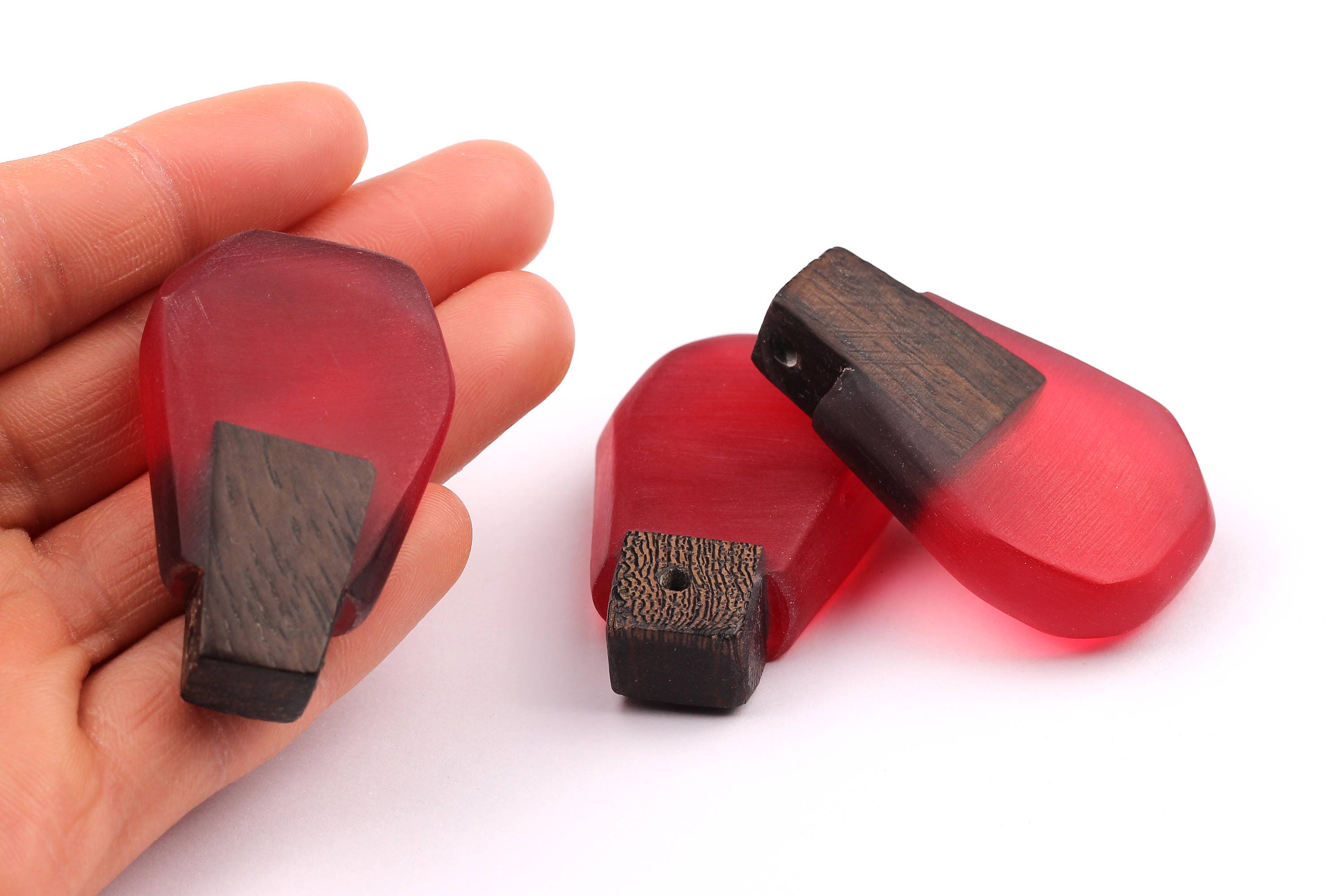 Wood Resin Pendant - Natural Monzo Wooden Charms - Red Epoxy Resin Necklace - Jewelry Supplies - Wooden Beads - 47x30x10mm - BB1002R - DOMEDBAZAAR