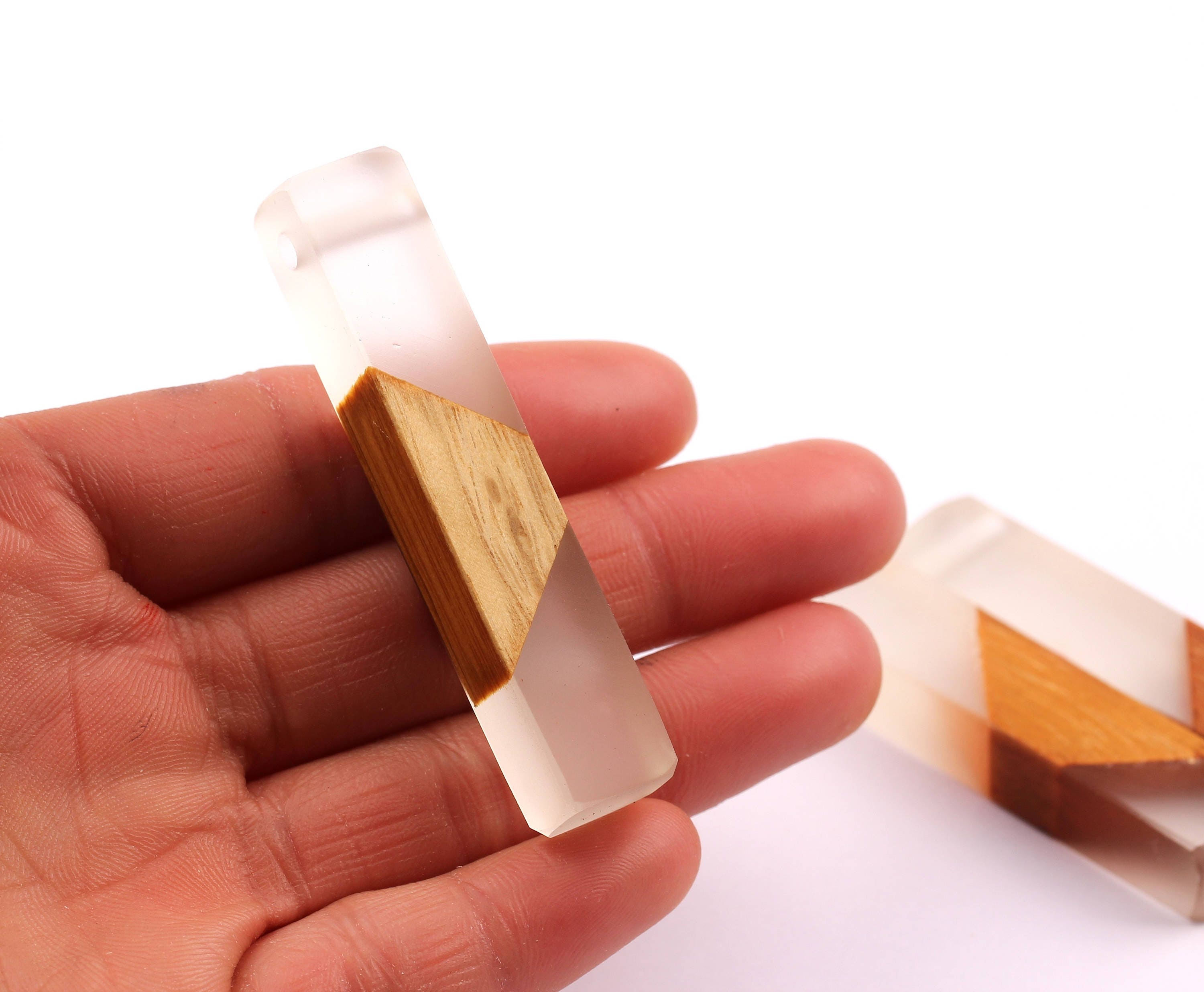 Wood Resin Pendant - Natural Mahogany Wooden Charms - White Epoxy Resin Necklace - Jewelry Supplies - Wooden Beads - 60x10x11mm - BB1017MW - DOMEDBAZAAR