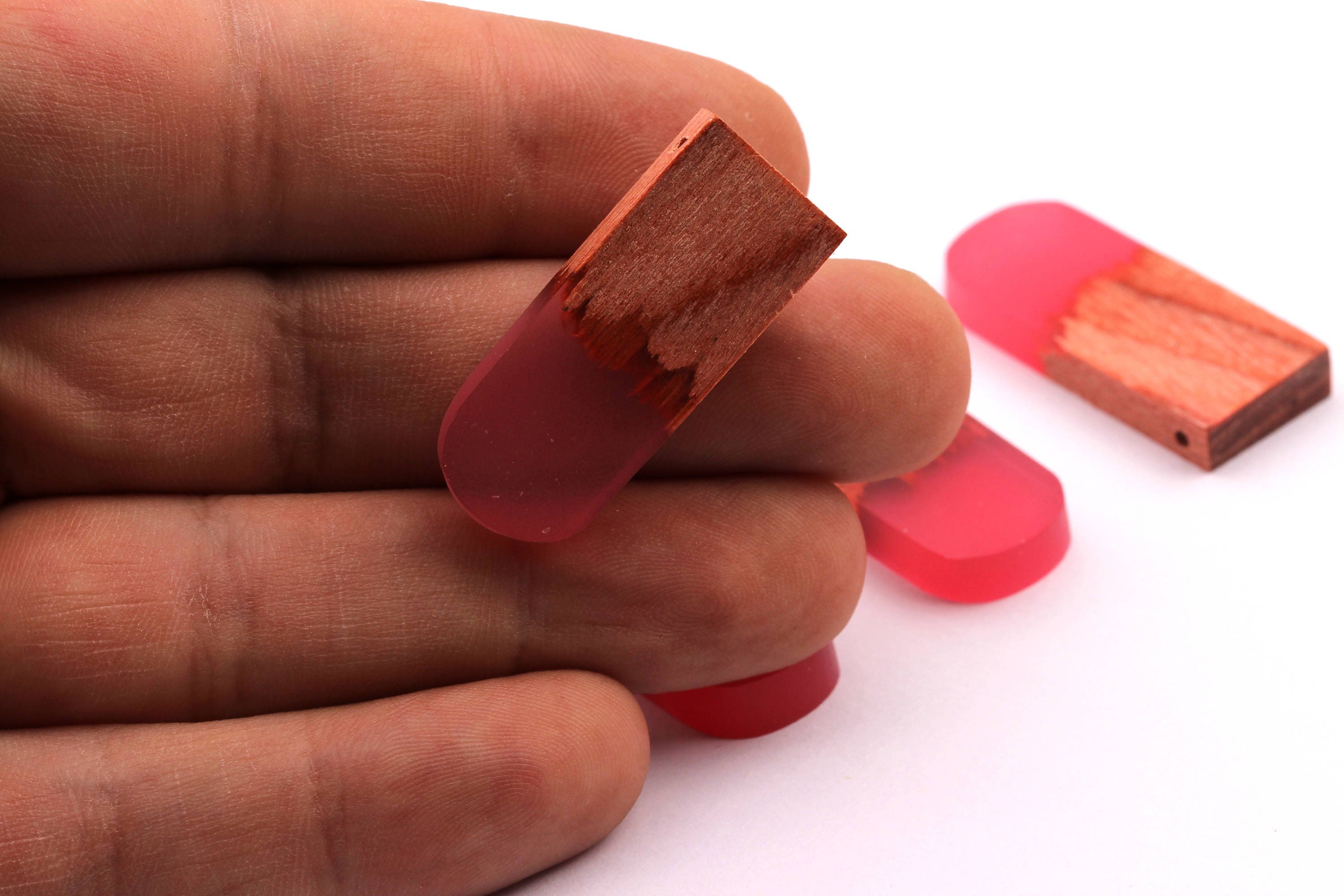 Wood Resin Pendant - Natural Wooden Charms - Pink Epoxy Resin Necklace - Jewelry Supplies - Wooden Beads 32x13x4mm - BB1036R - DOMEDBAZAAR
