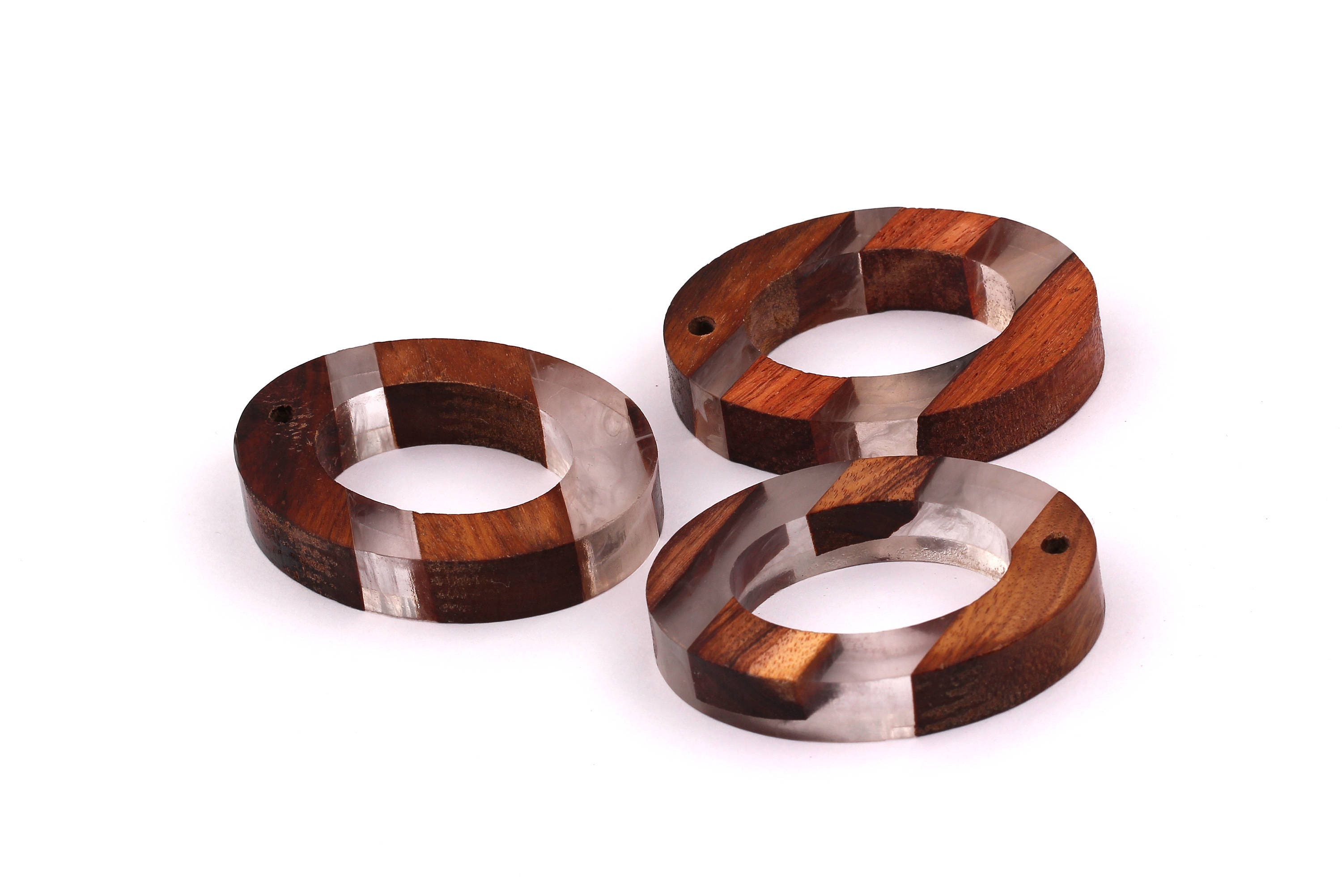 Wood Resin Pendant - Natural Mahogany Wooden Charms - White Epoxy Resin Necklace - Ellipse Shaped - Wooden Beads - 50x38x9mm - BB1027W - DOMEDBAZAAR