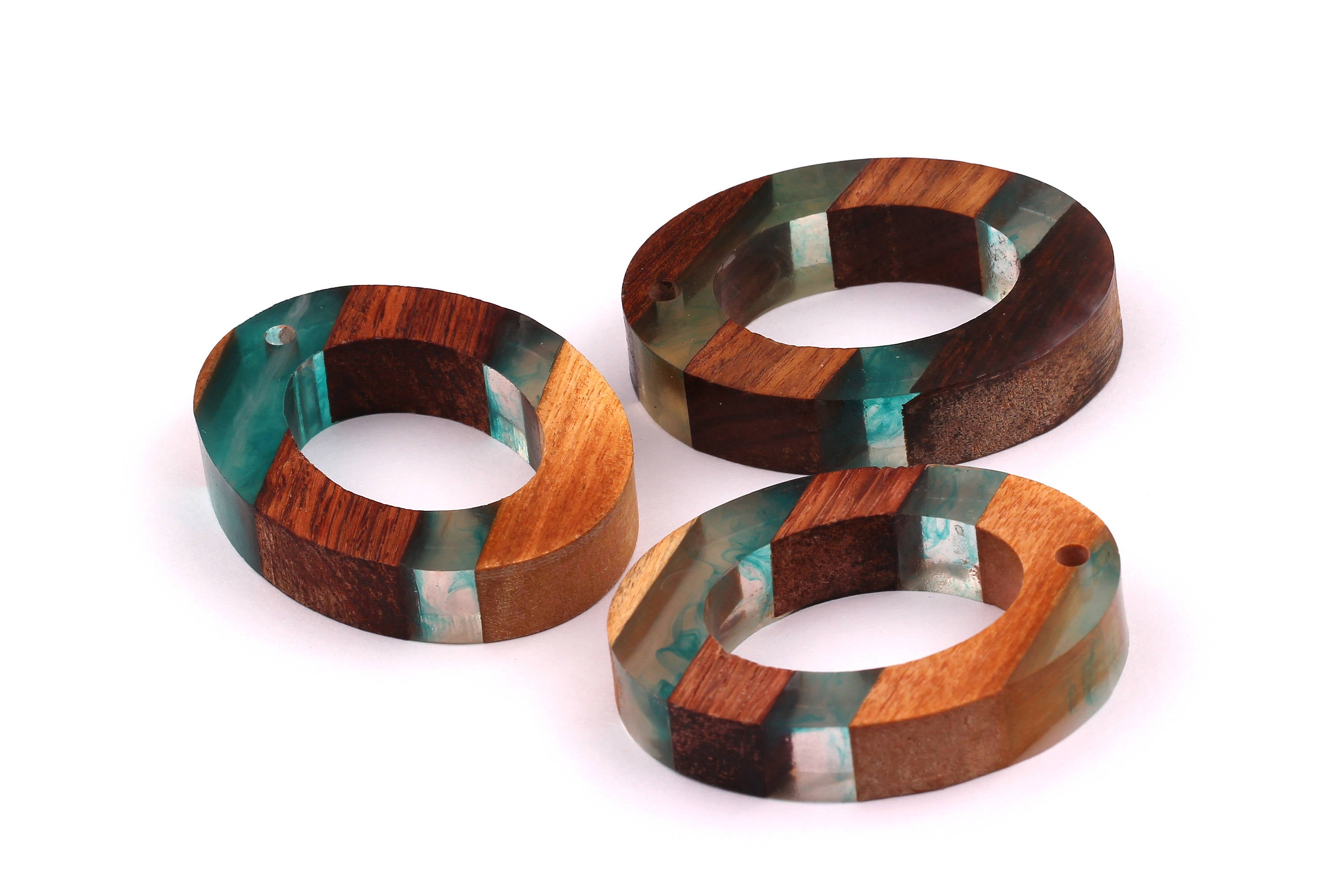 Wood Resin Pendant - Natural Mahogany Wooden Charms - Turquoise Epoxy Resin Necklace - Ellipse Shaped - Wooden Beads - 50x38x9mm - BB1027T - DOMEDBAZAAR