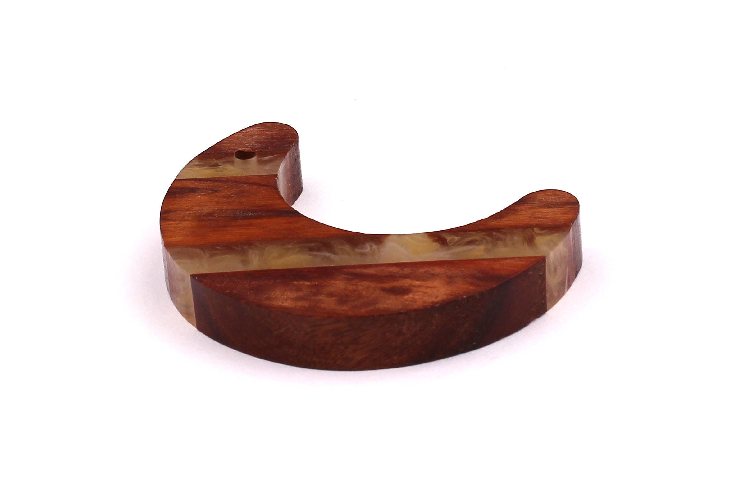 Wood Resin Pendant - Natural Mahogany Wooden Charms - White Epoxy Resin Necklace - Crescent Shaped - Wooden Beads - 60X23x9mm - BB1031C - DOMEDBAZAAR