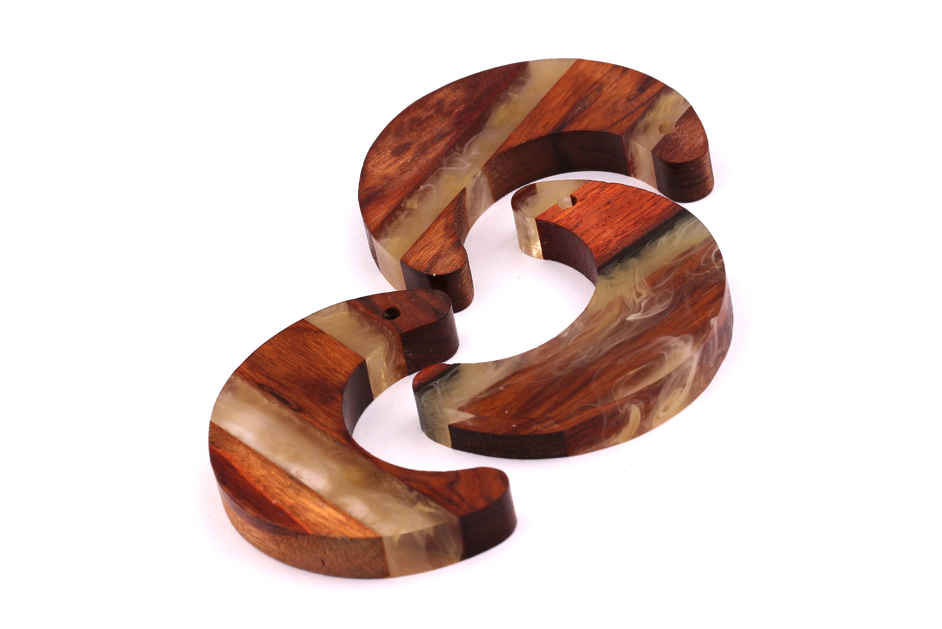 Wood Resin Pendant - Natural Mahogany Wooden Charms - White Epoxy Resin Necklace - Crescent Shaped - Wooden Beads - 60X23x9mm - BB1031C - DOMEDBAZAAR