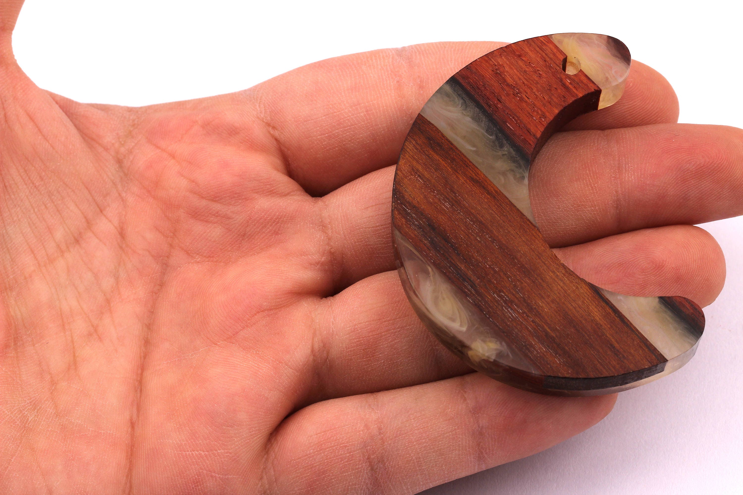 Wood Resin Pendant - Natural Mahogany Wooden Charms - White Epoxy Resin Necklace - Crescent Shaped - Wooden Beads - 60X23x9mm - BB1031C - DOMEDBAZAAR