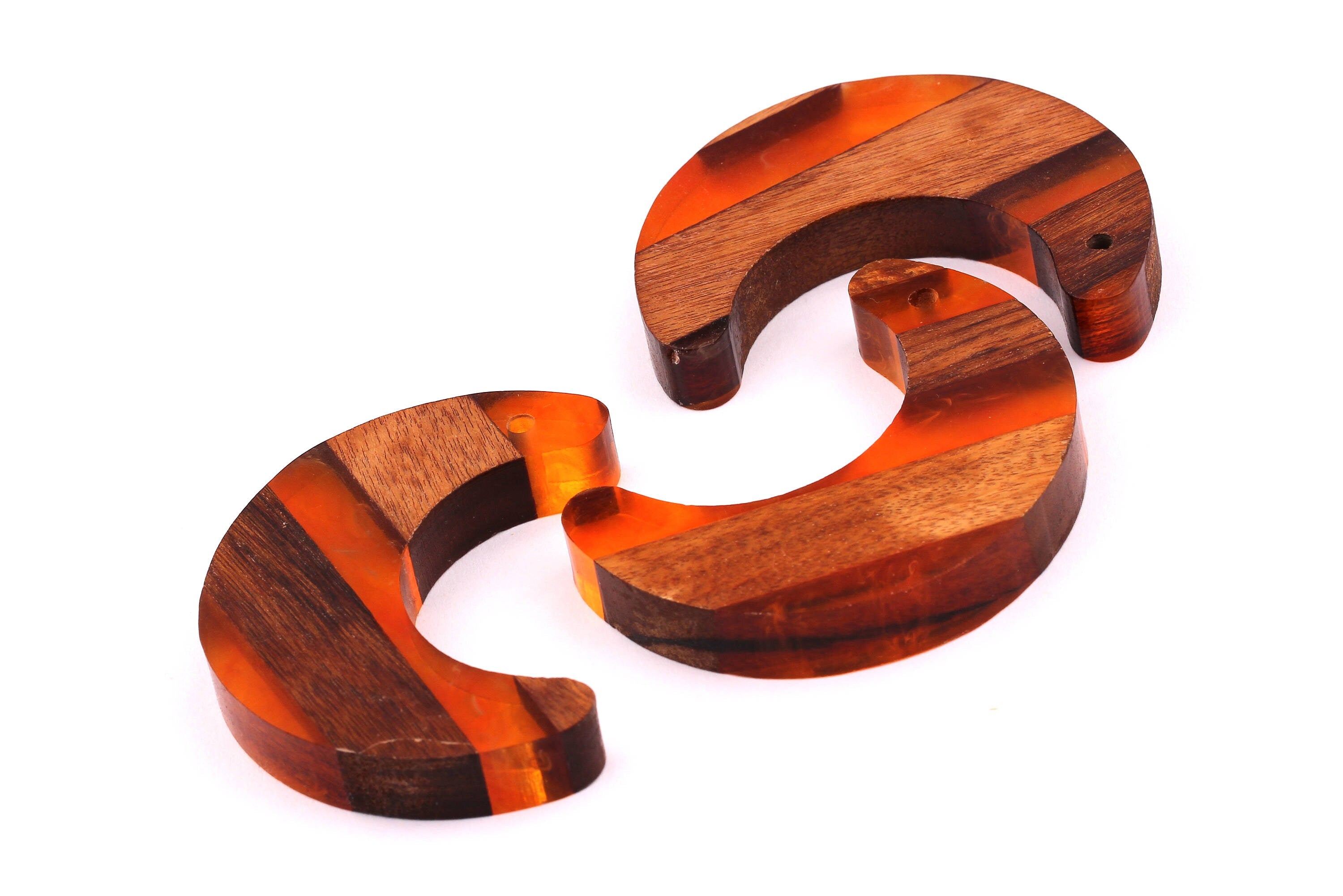 Wood Resin Pendant - Natural Mahogany Wooden Charms - Orange Epoxy Resin Necklace - Crescent Shaped - Wooden Beads - 60X22x9mm - BB1031O - DOMEDBAZAAR