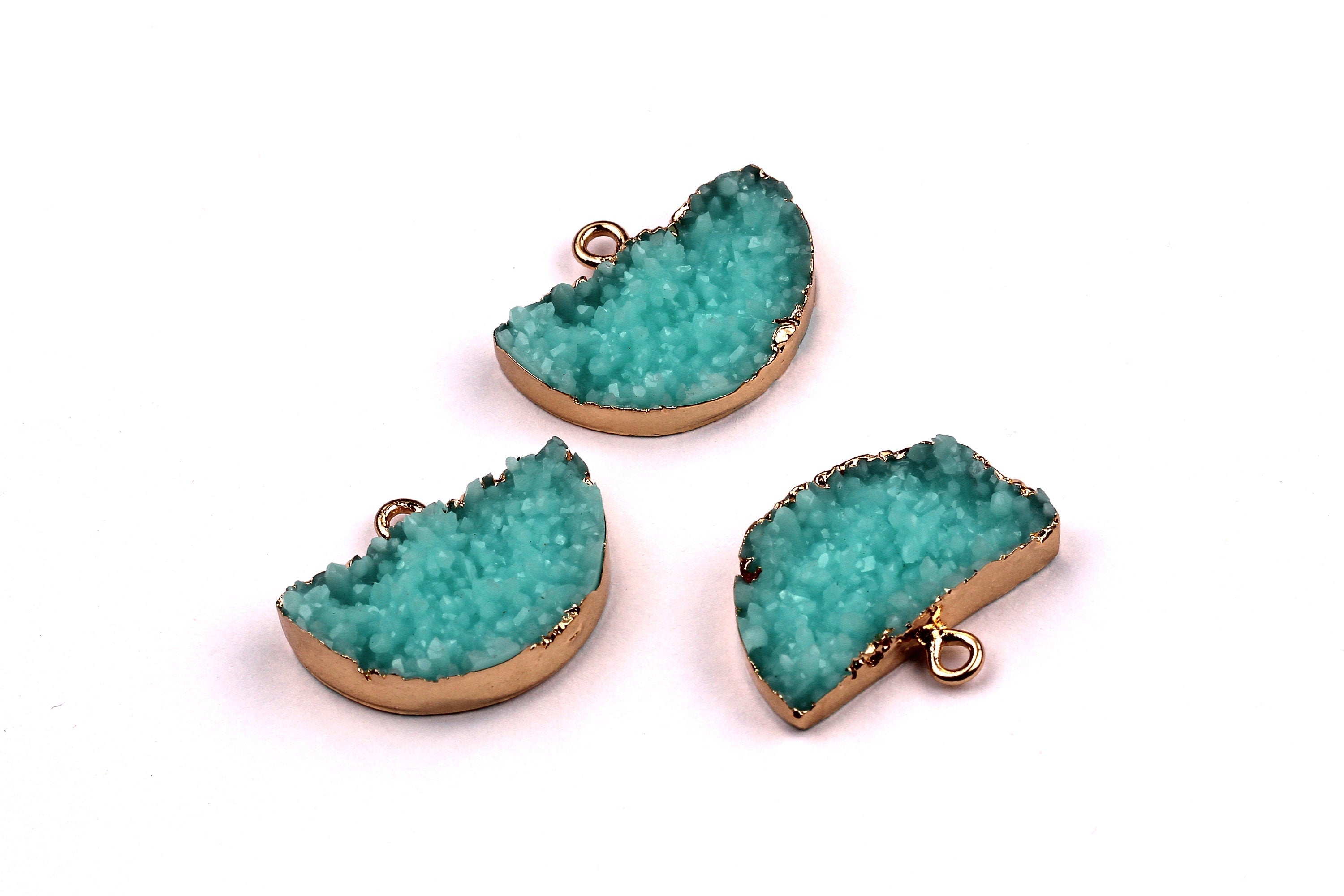 Druzy Earring Charms - Shiny Blue Resin Copper Earrings - Semicircle Shaped Pendant - Earring Findings - 24x14x5.5mm - RC1001SB - DOMEDBAZAAR