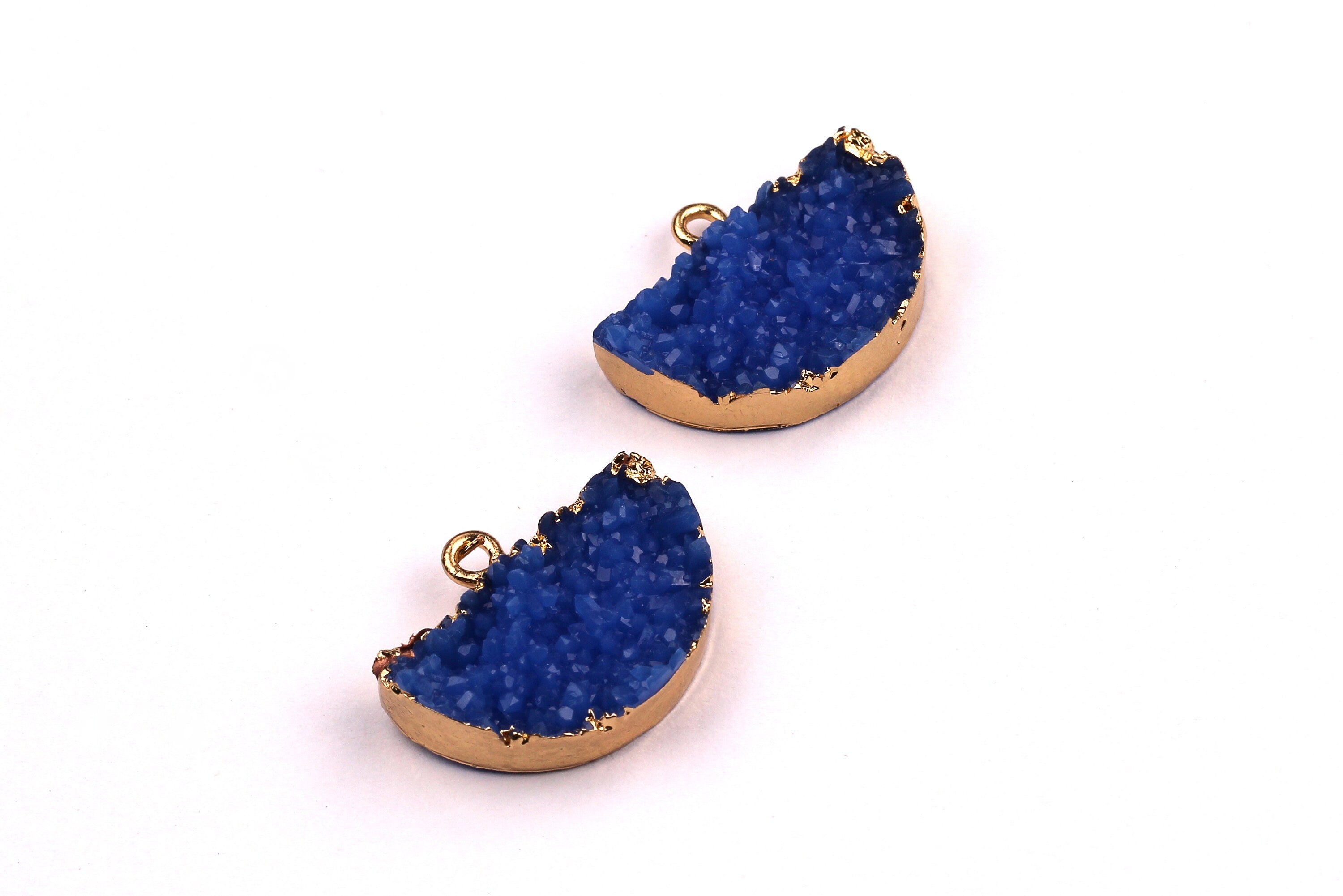 Druzy Earring Charms - Blue Resin Copper Earrings - Semicircle Shaped Pendant - Earring Findings - 24x14x5.5mm - RC1001B - DOMEDBAZAAR