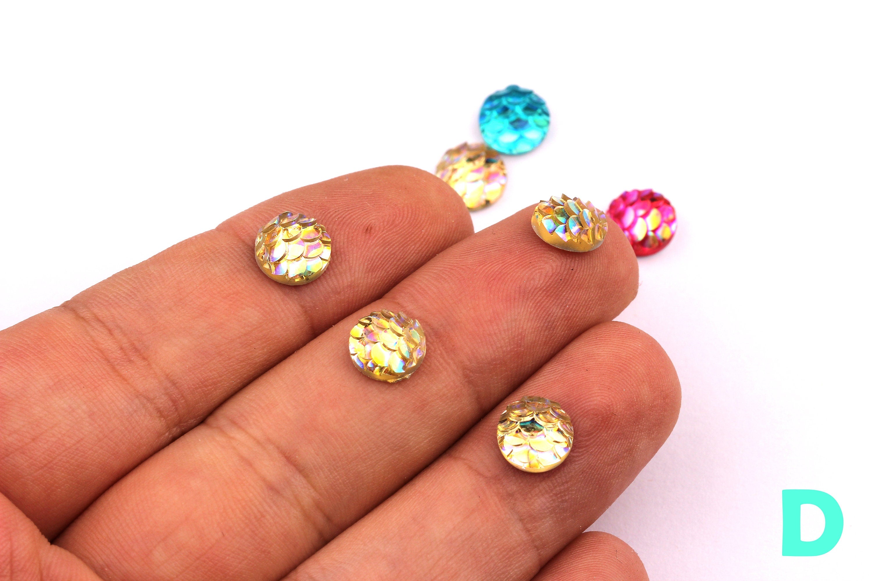 Mermaid Cabochons - Iridescent Fishscale Cabochons - Yellow Cabochons - Fish Scale - Jewelry Supplies - 8mm - CB1001D - DOMEDBAZAAR