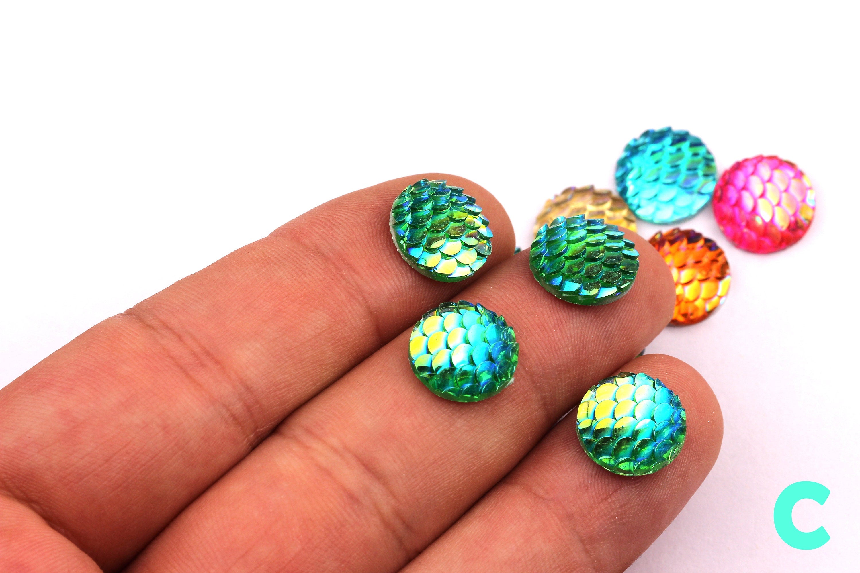 Mermaid Cabochons - Iridescent Fishscale Cabochons - Green Cabochons - Fish Scale - Jewelry Supplies - 12mm - CB1003C - DOMEDBAZAAR