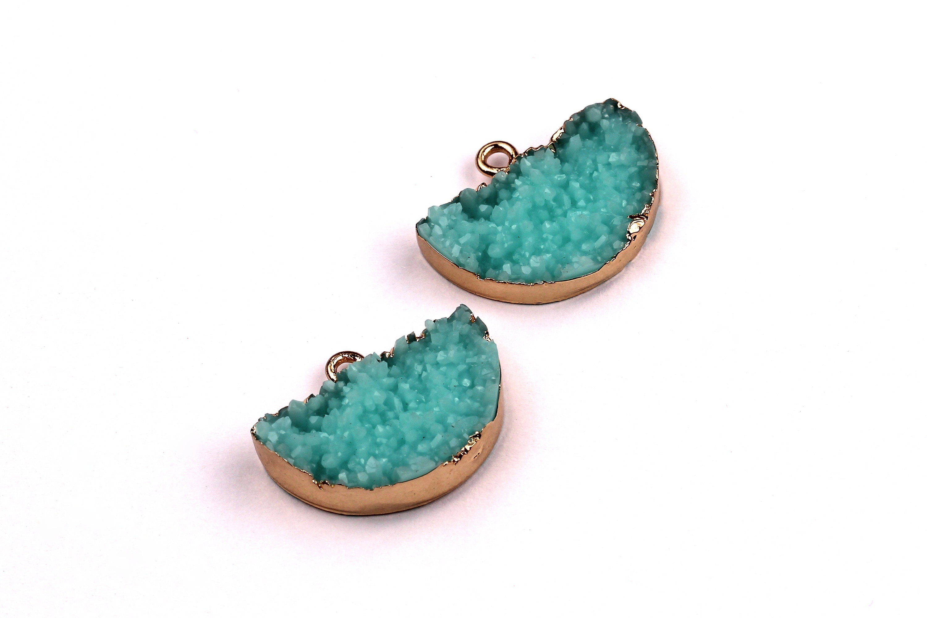 Druzy Earring Charms - Shiny Blue Resin Copper Earrings - Semicircle Shaped Pendant - Earring Findings - 24x14x5.5mm - RC1001SB - DOMEDBAZAAR