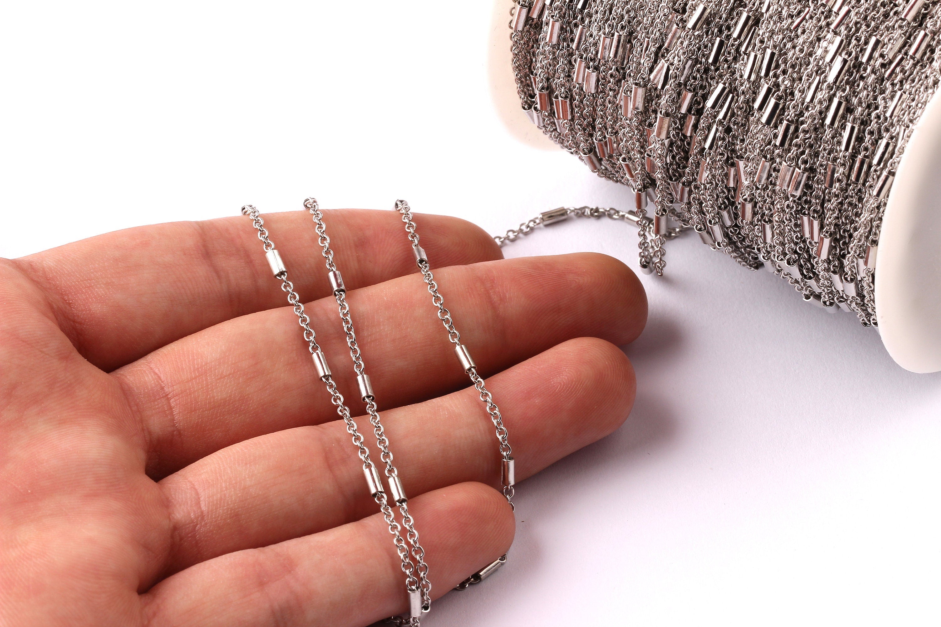 Bar Satellite Round Link Cable Chain - Iron Chain- Silver Plated - Soldered - 0.08&quot; x 0.07&quot; x 0.02&quot; - for Necklace Bracelet Making - CC1004 - DOMEDBAZAAR