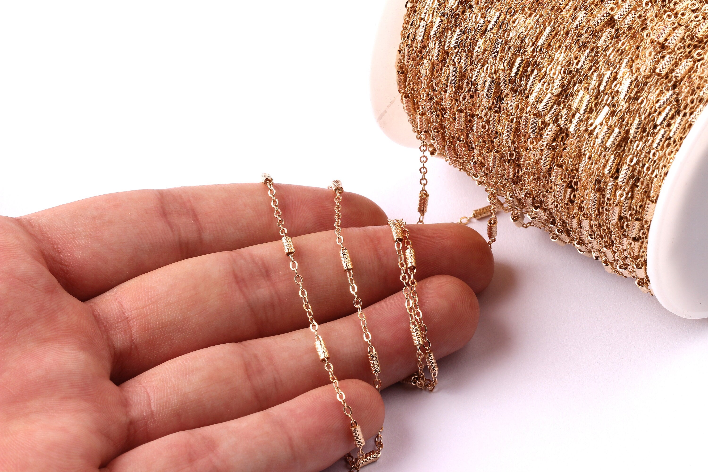 Bar Satellite Round Link Cable Chain - Brass Chain- Gold Plated - Soldered - 0.09&quot; x 0.07&quot; x 0.01&quot; - for Necklace Bracelet  Making - CC1006 - DOMEDBAZAAR