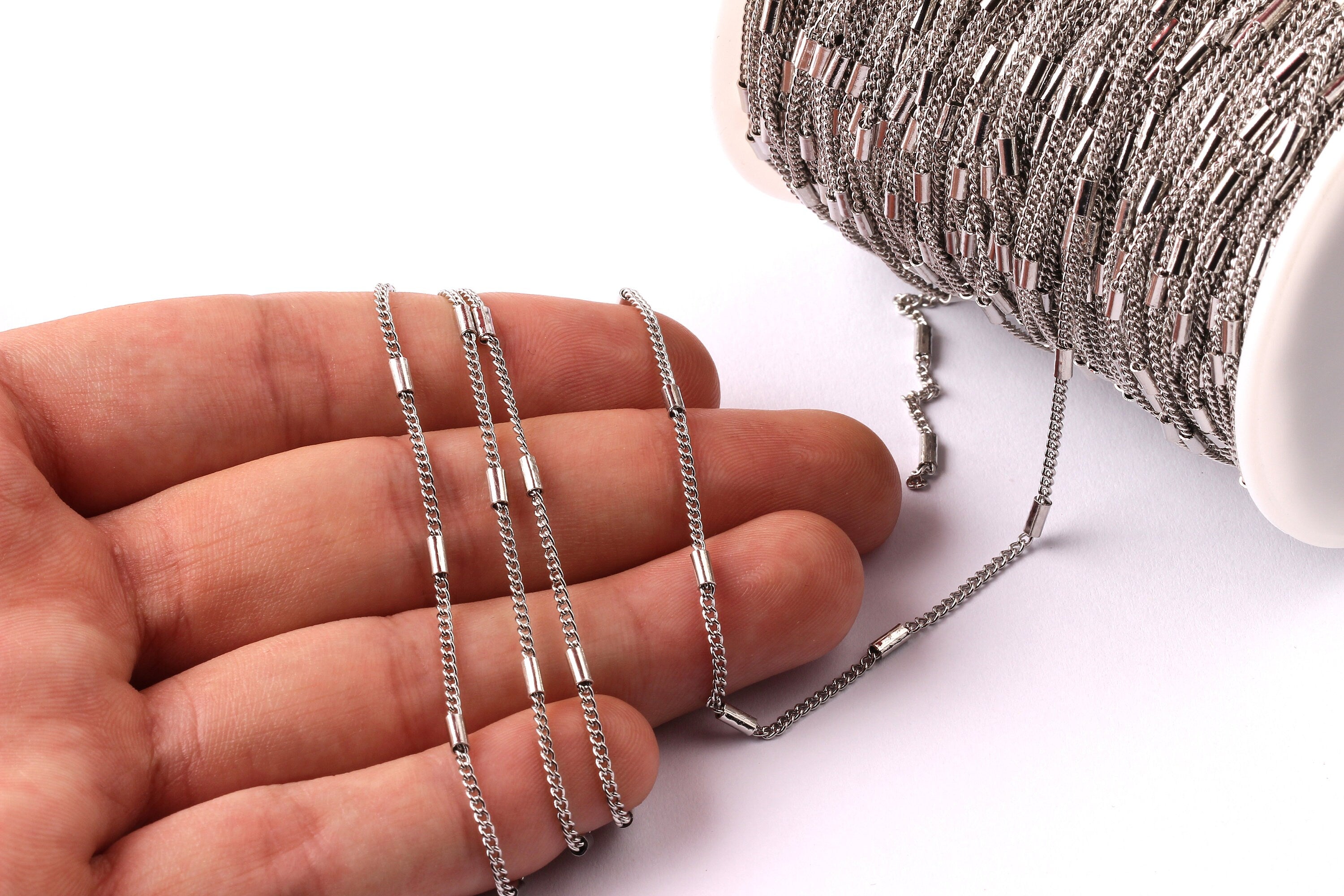 Bar Satellite Curb Chain - Iron Chain- Silver Plated - Soldered - 0.09&quot; x 0.06&quot; x 0.01&quot; - for Necklace Bracelet Jewellery Making - CC1008 - DOMEDBAZAAR