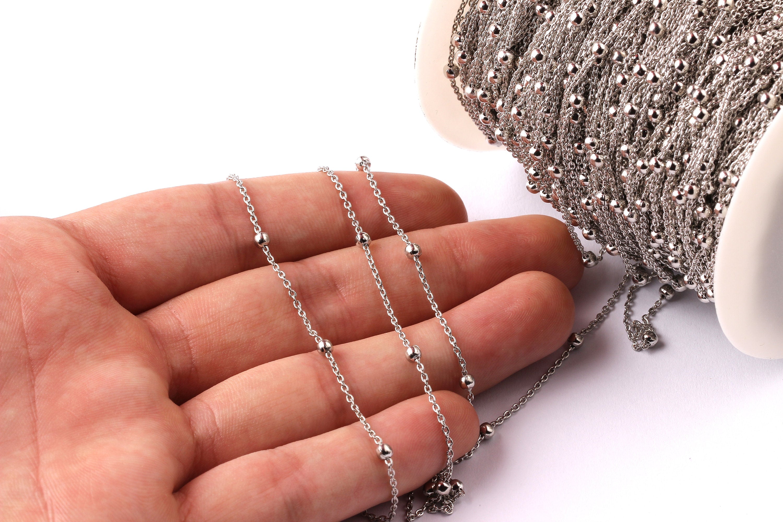 Ball Satellite Cable Chain - Brass Chain- Silver Plated - Soldered - 0.07&quot; x 0.05&quot; x 0.01&quot; - for Necklace Bracelet Jewellery Making - CC1019 - DOMEDBAZAAR