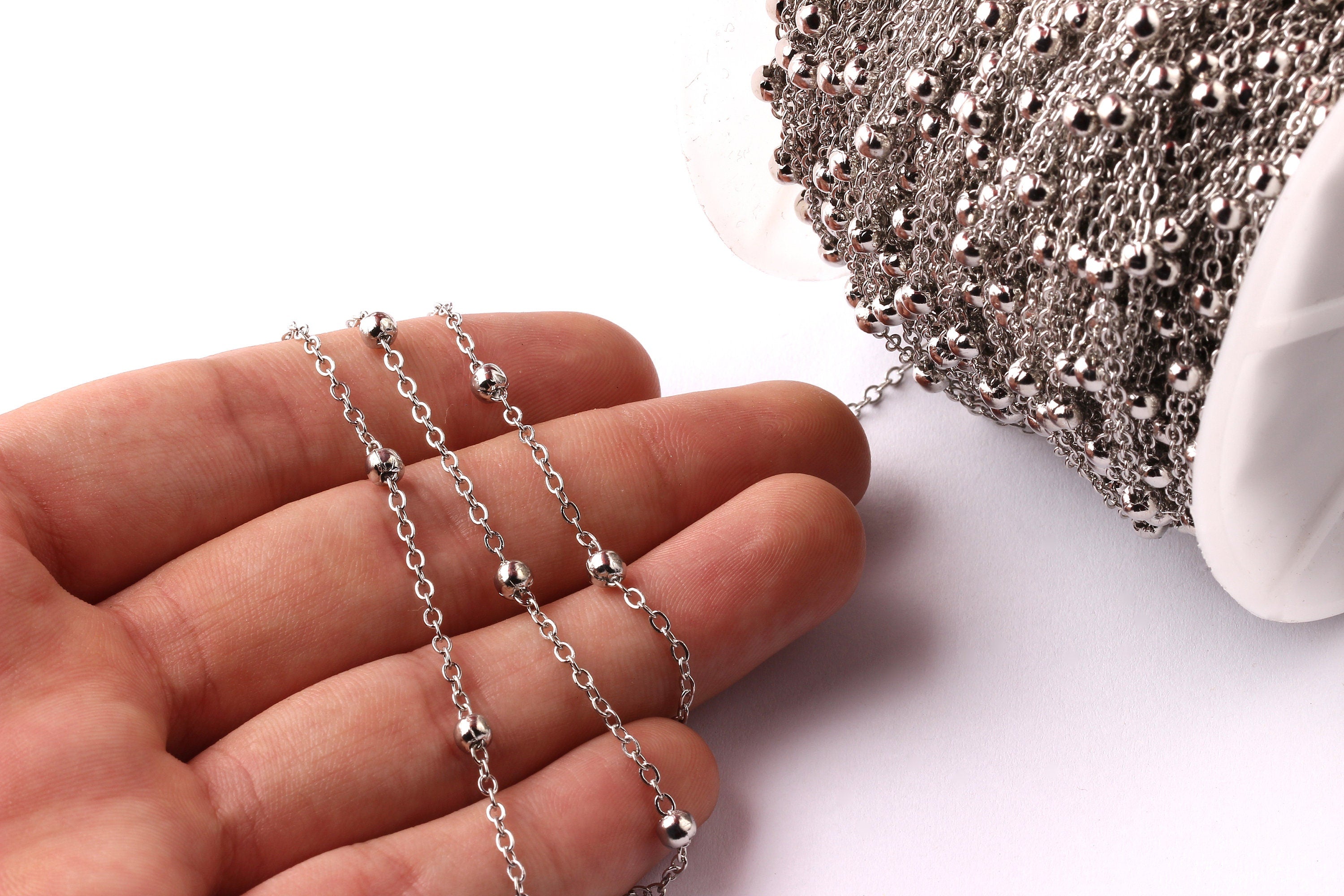 Ball Satellite Cable Chain - Iron Chain- Silver Plated - Soldered - 0.10&quot; x 0.08&quot; x 0.02&quot;  - for Necklace  Jewellery Making - CC1047 - DOMEDBAZAAR