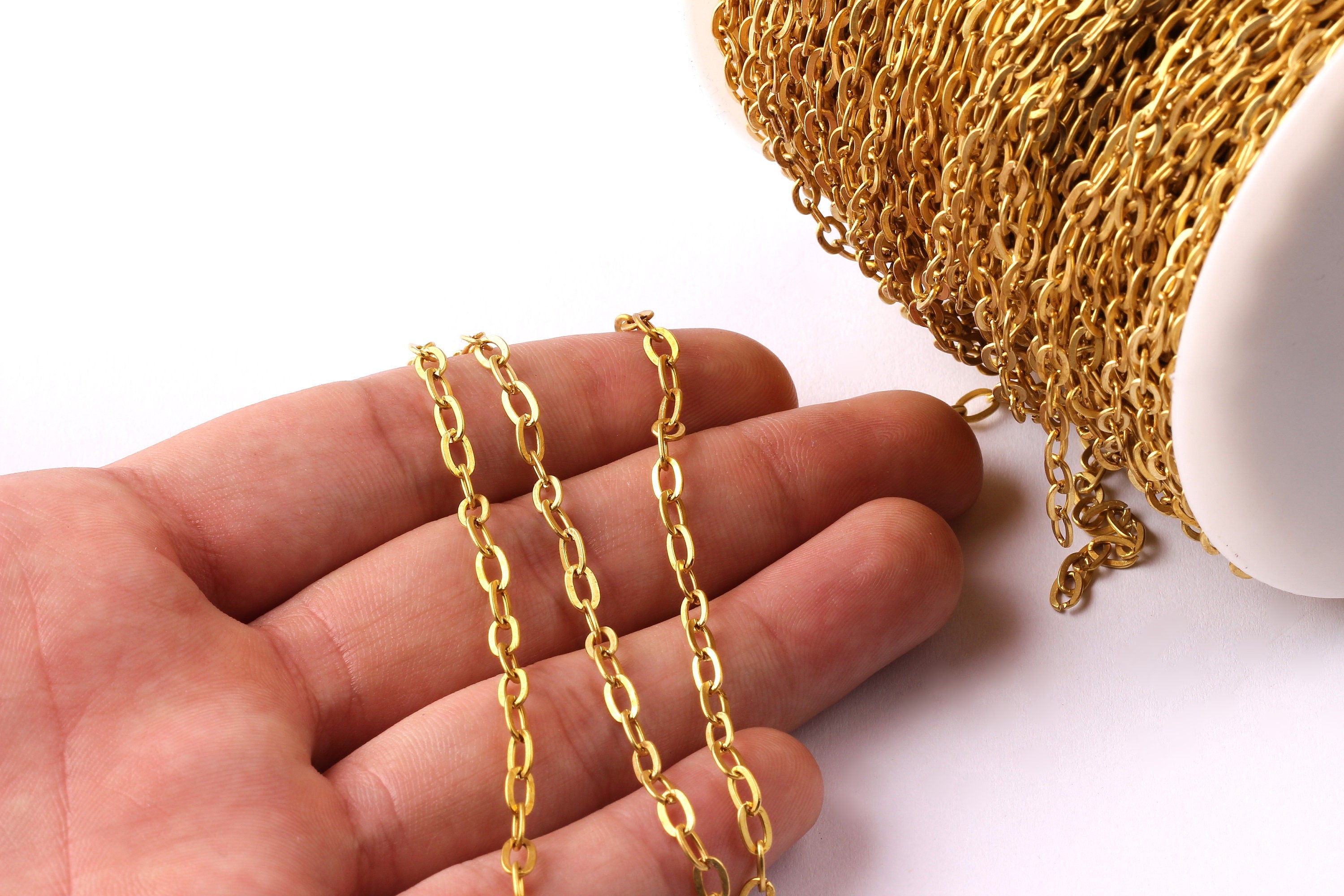 Flat Cable Chain - Raw Brass Chain - Unsoldered Link - Faceted Raw Brass Cable Chain - 0.22&quot; x 0.14&quot; x 0.02&quot; - Jewellery Making - CC1049 - DOMEDBAZAAR