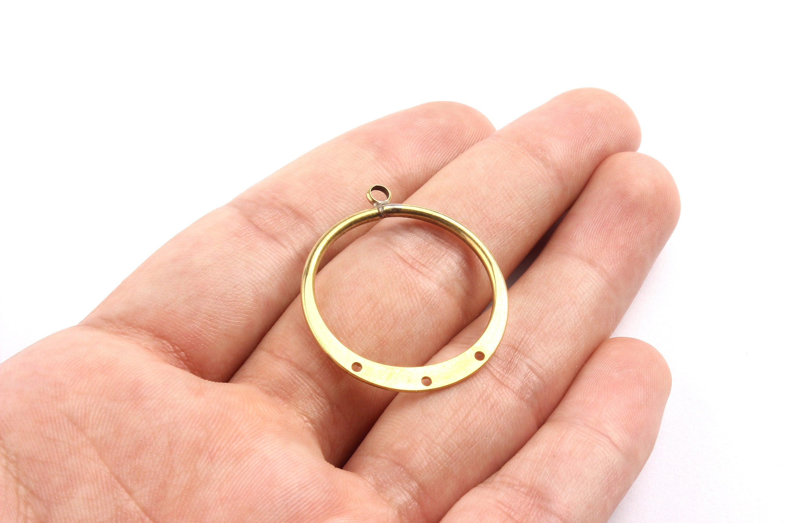 Brass Hoops - Raw Brass Circle Charms with 3 Holes - Earring Findings - Jewelry Supplies - 34x29x2mm - PP1346 - DOMEDBAZAAR