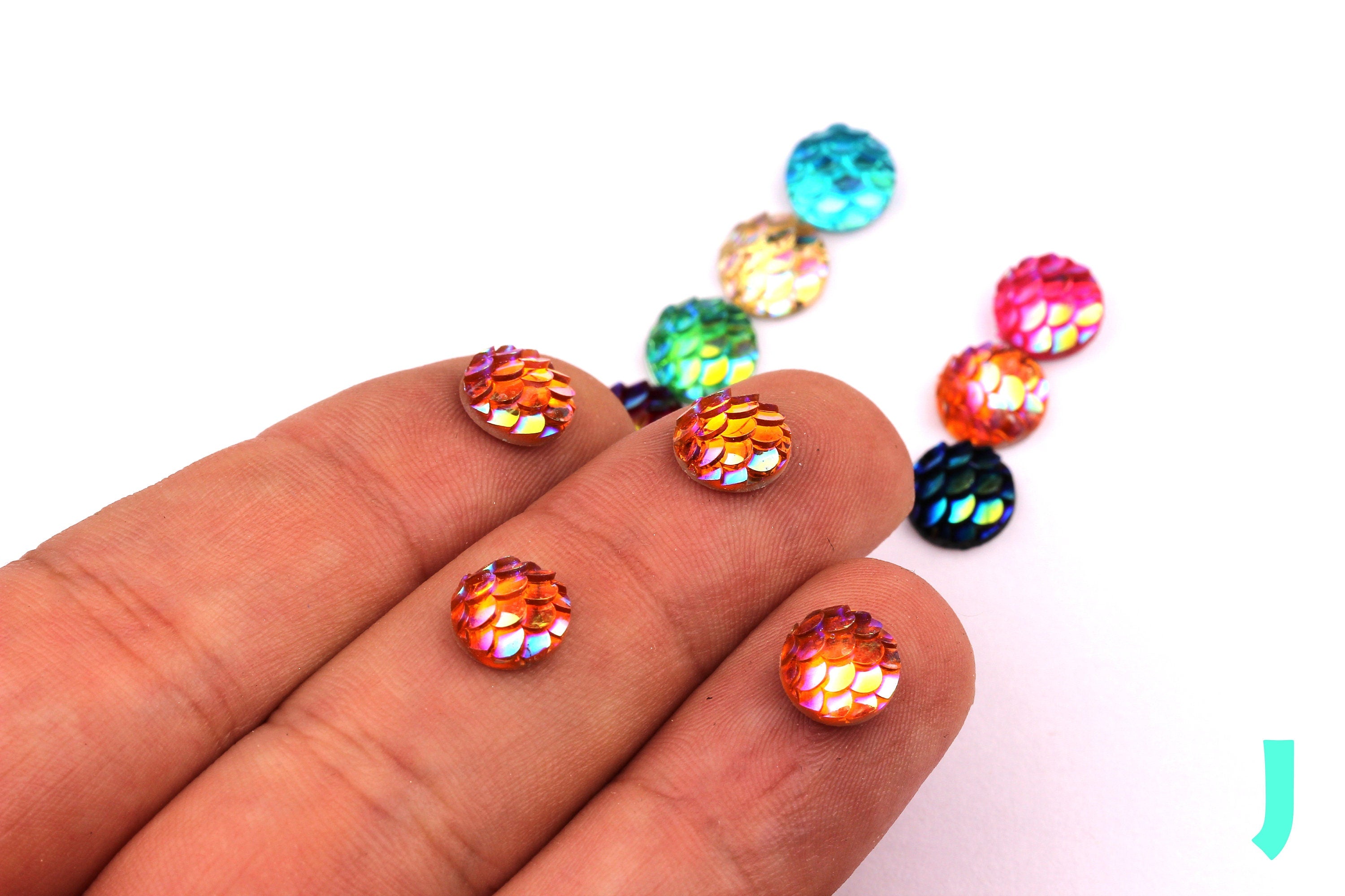 Mermaid Cabochons - Iridescent Fishscale Cabochons - Orange Cabochons - Fish Scale - Jewelry Supplies - 8mm - CB1001J - DOMEDBAZAAR