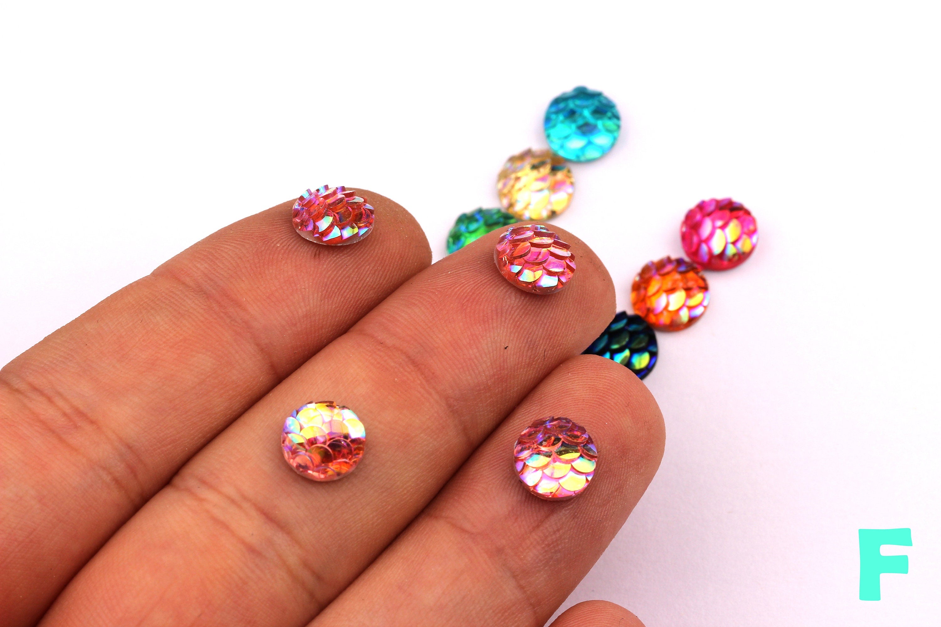 Mermaid Cabochons - Iridescent Fishscale Cabochons - Orange Cabochons - Fish Scale - Jewelry Supplies - 10mm - CB1002F - DOMEDBAZAAR