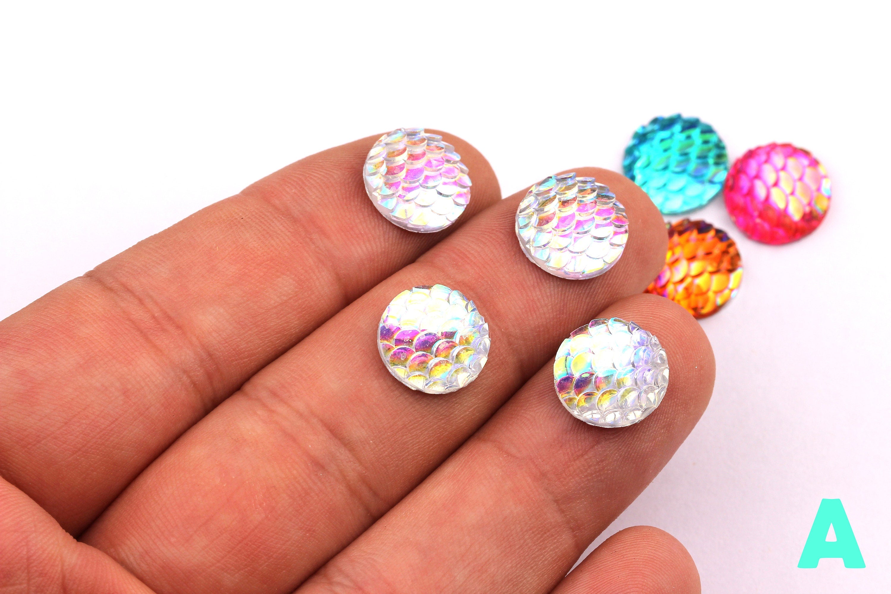 Mermaid Cabochons - Iridescent Fishscale Cabochons - Silver Cabochons - Fish Scale - Jewelry Supplies - 12mm - CB1003A - DOMEDBAZAAR