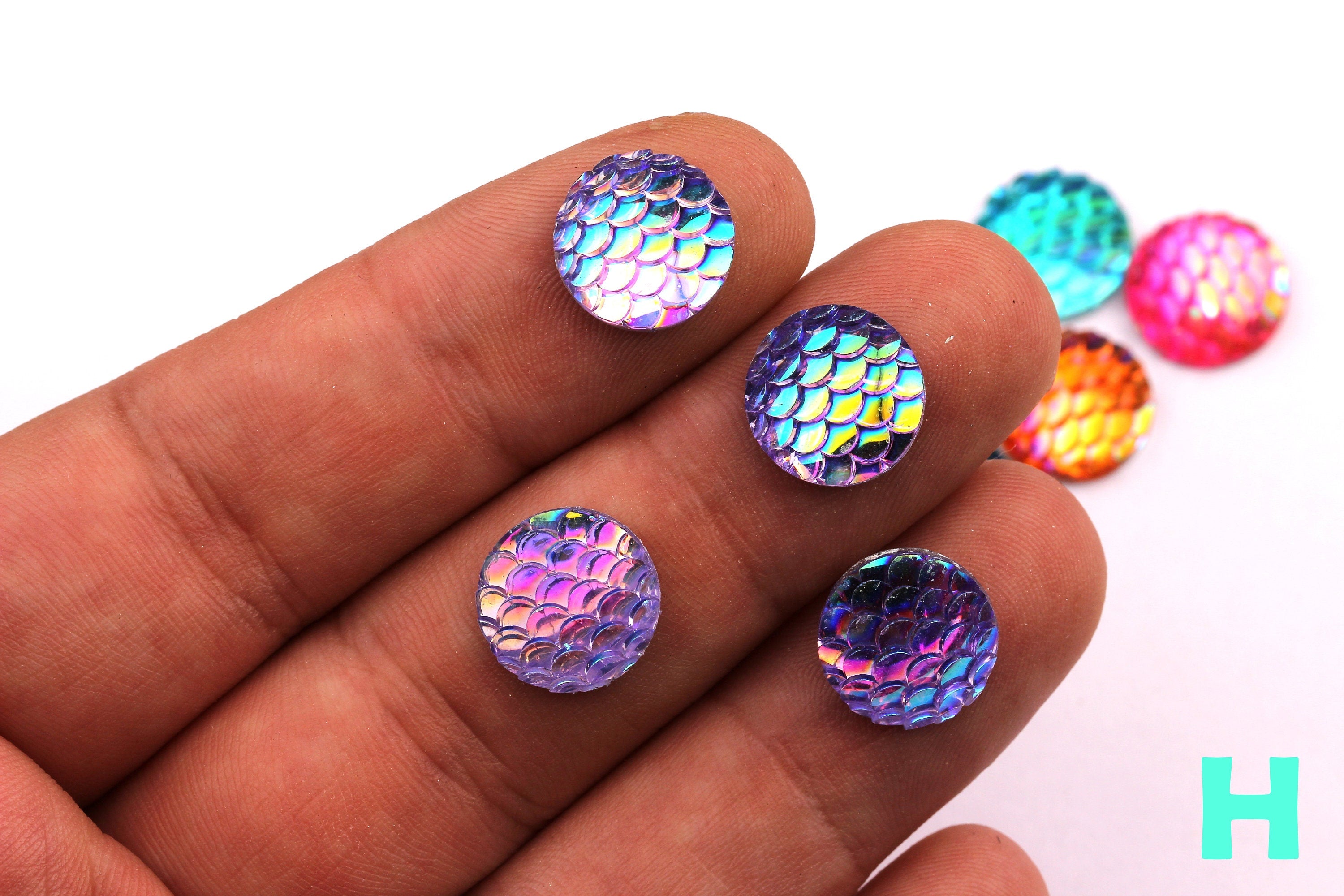 Mermaid Cabochons - Iridescent Fishscale Cabochons - Purple Cabochons - Fish Scale - Jewelry Supplies - 12mm - CB1003H - DOMEDBAZAAR