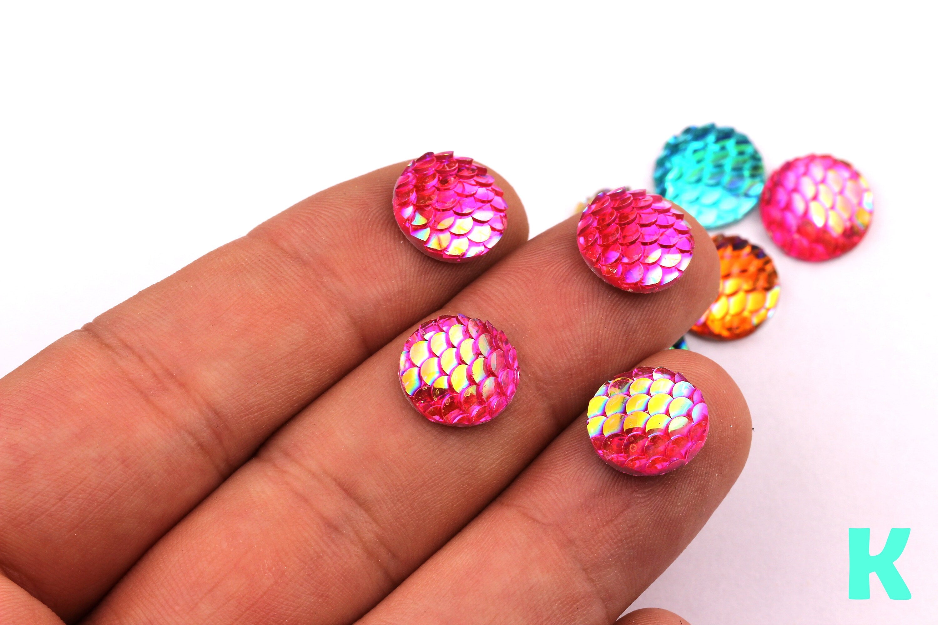 Mermaid Cabochons - Iridescent Fishscale Cabochons - Pink Cabochons - Fish Scale - Jewelry Supplies - 12mm - CB1003K - DOMEDBAZAAR