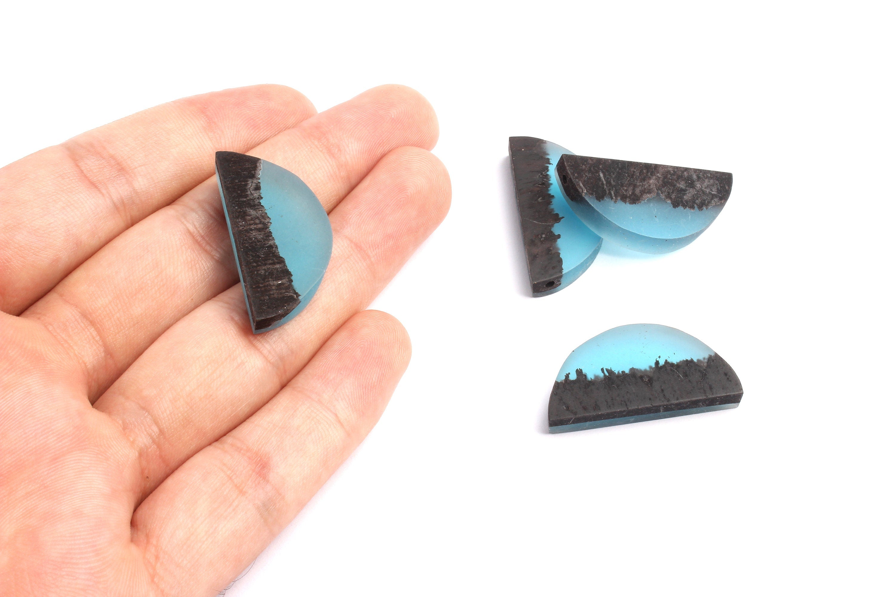 Epoxy Ebony Wood Pendant - Resin&Wood Semicircle Pendant - Blue Brown Half Moon Pendant with 2 Holes  - 15.7x31.8x5.67mm - BB1051A - DOMEDBAZAAR