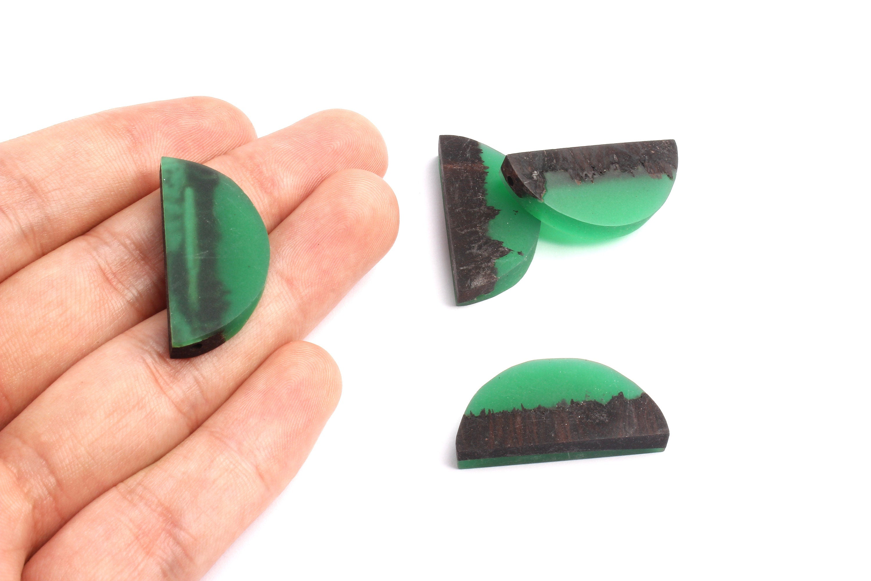 Epoxy Ebony Wood Pendant - Resin&Wood Semicircle Pendant - Green Brown Half Moon Pendant with 2 Holes  - 15.7x31.8x5.67mm - BB1051B - DOMEDBAZAAR