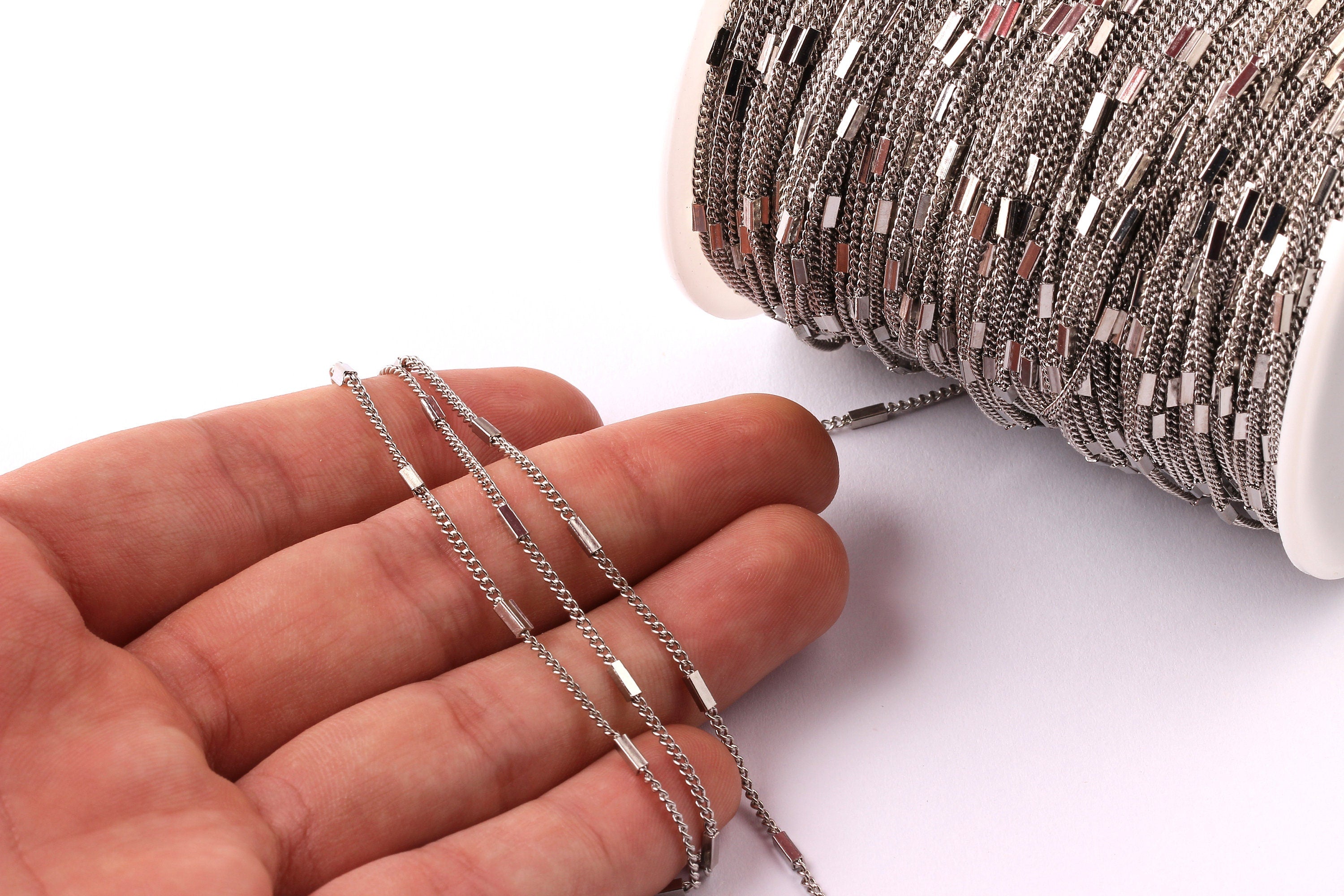Bar Satellite Curb Chain - Iron Chain- Silver Plated - Soldered - 0.09&quot; x 0.06&quot; x 0.02&quot; - for Necklace Bracelet Jewellery Making - CC1001 - DOMEDBAZAAR