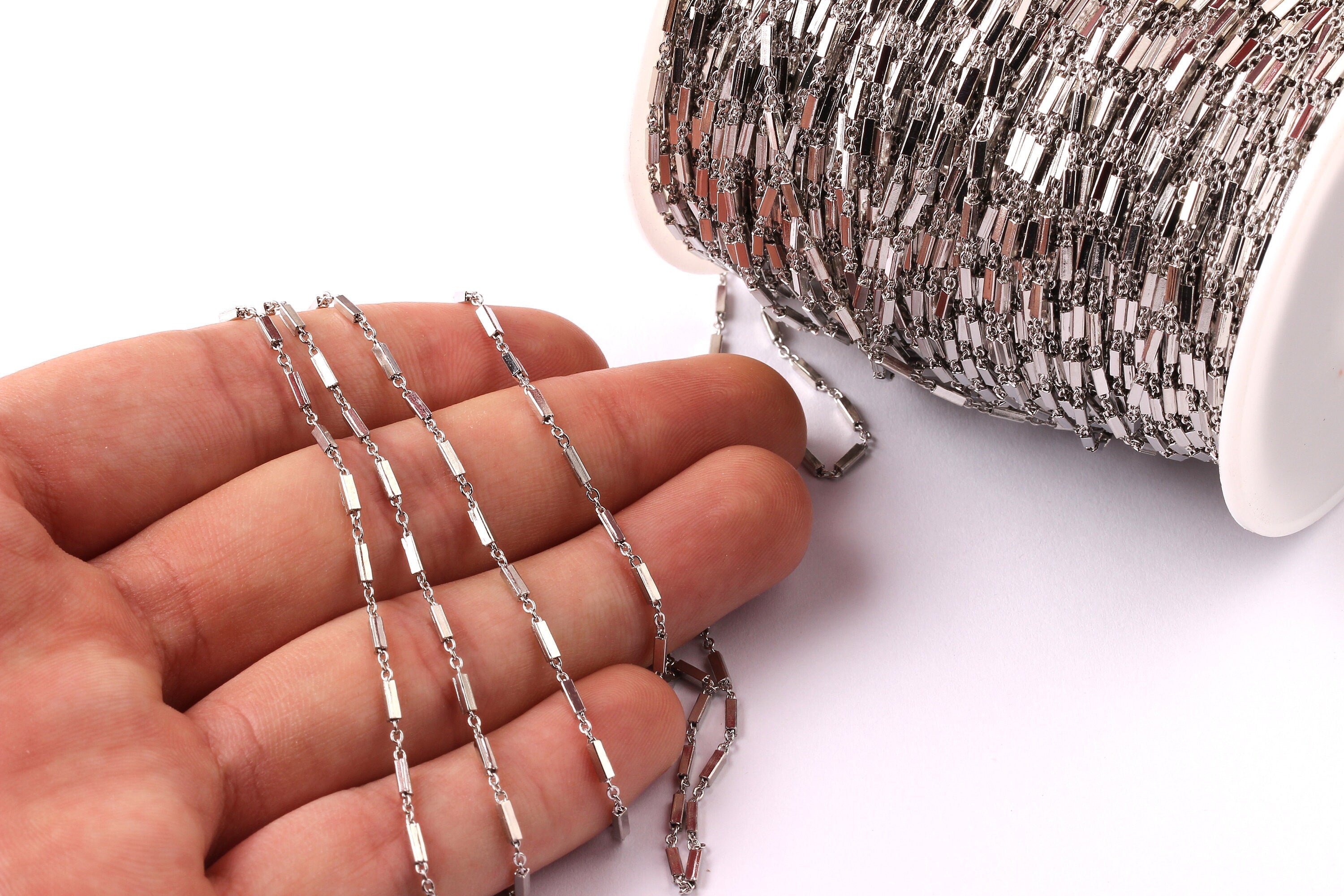 Bar Satellite Cable Chain - Brass Chain- Silver Plated - Soldered - 0.07&quot; x 0.05&quot; x 0.01&quot; - for Necklace Bracelet Jewellery Making - CC1002 - DOMEDBAZAAR