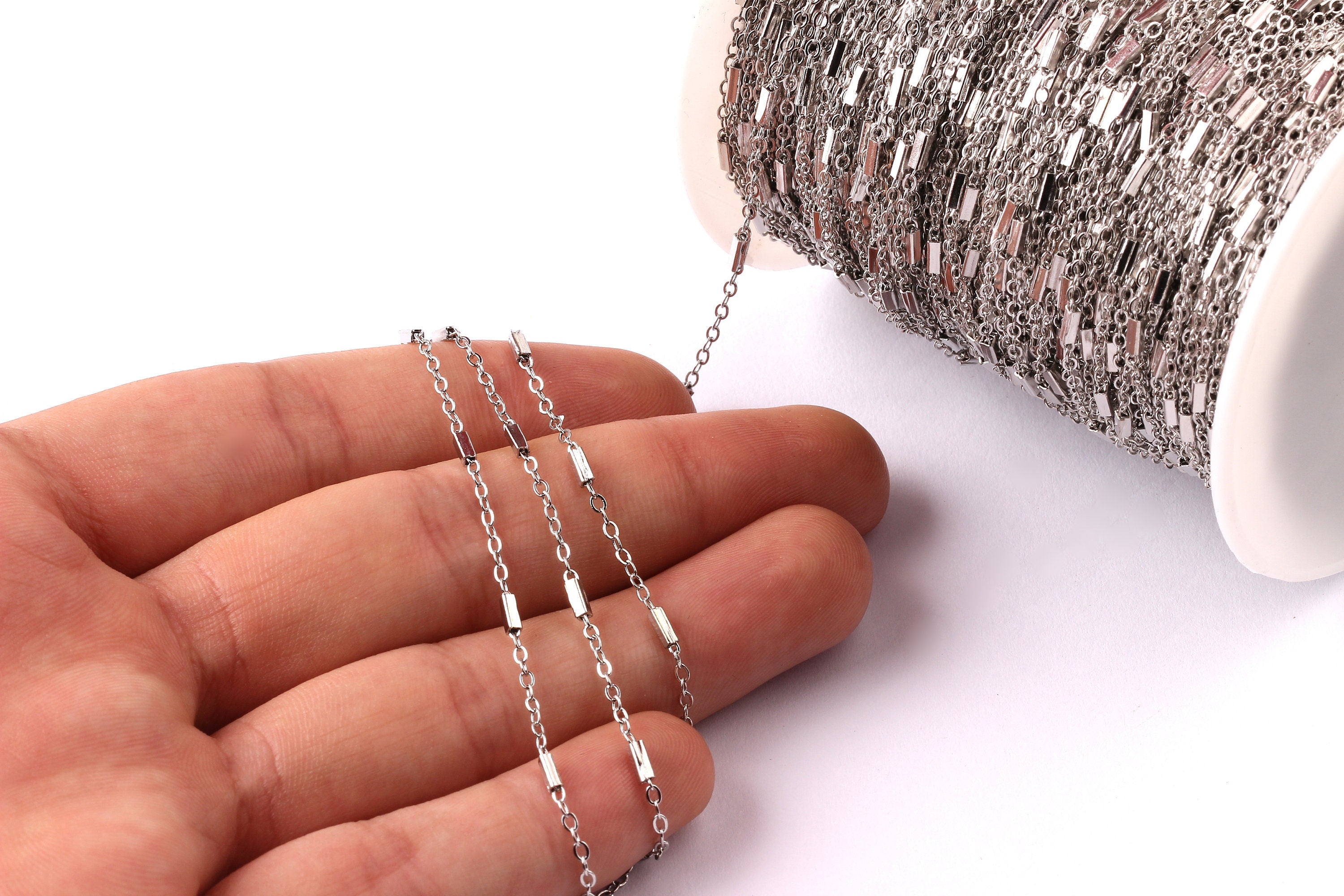 Bar Satellite Cable Chain - Brass Chain- Silver Plated - Soldered - 0.10&quot; x 0.05&quot; x 0.01&quot; - for Necklace Bracelet Jewellery Making - CC1011 - DOMEDBAZAAR