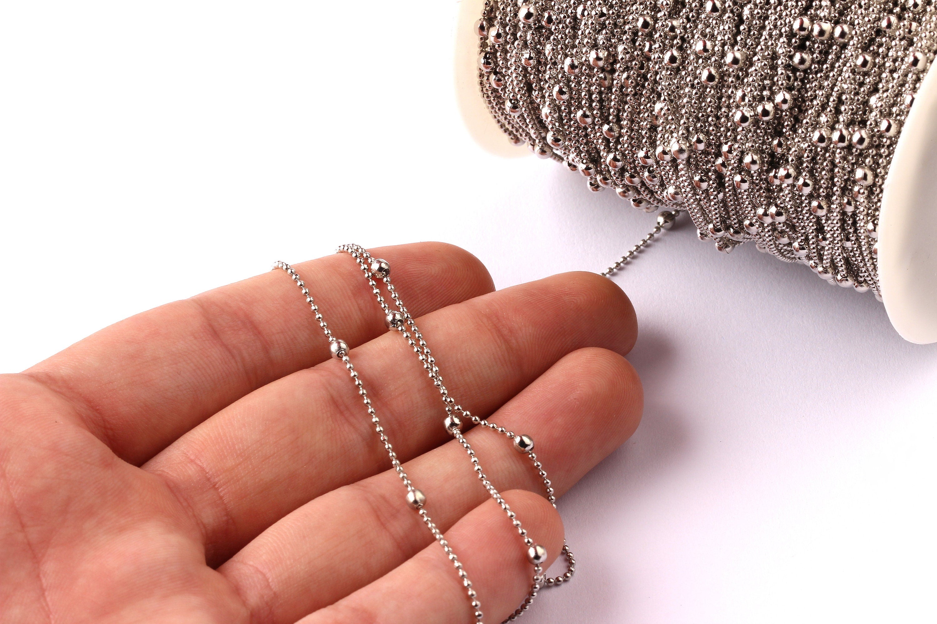 Ball Satellite Faceted Ball Chain - Brass Chain- Silver Plated - Faceted Chain - 0.05&quot; - for Necklace Bracelet Jewellery Making - CC1016 - DOMEDBAZAAR