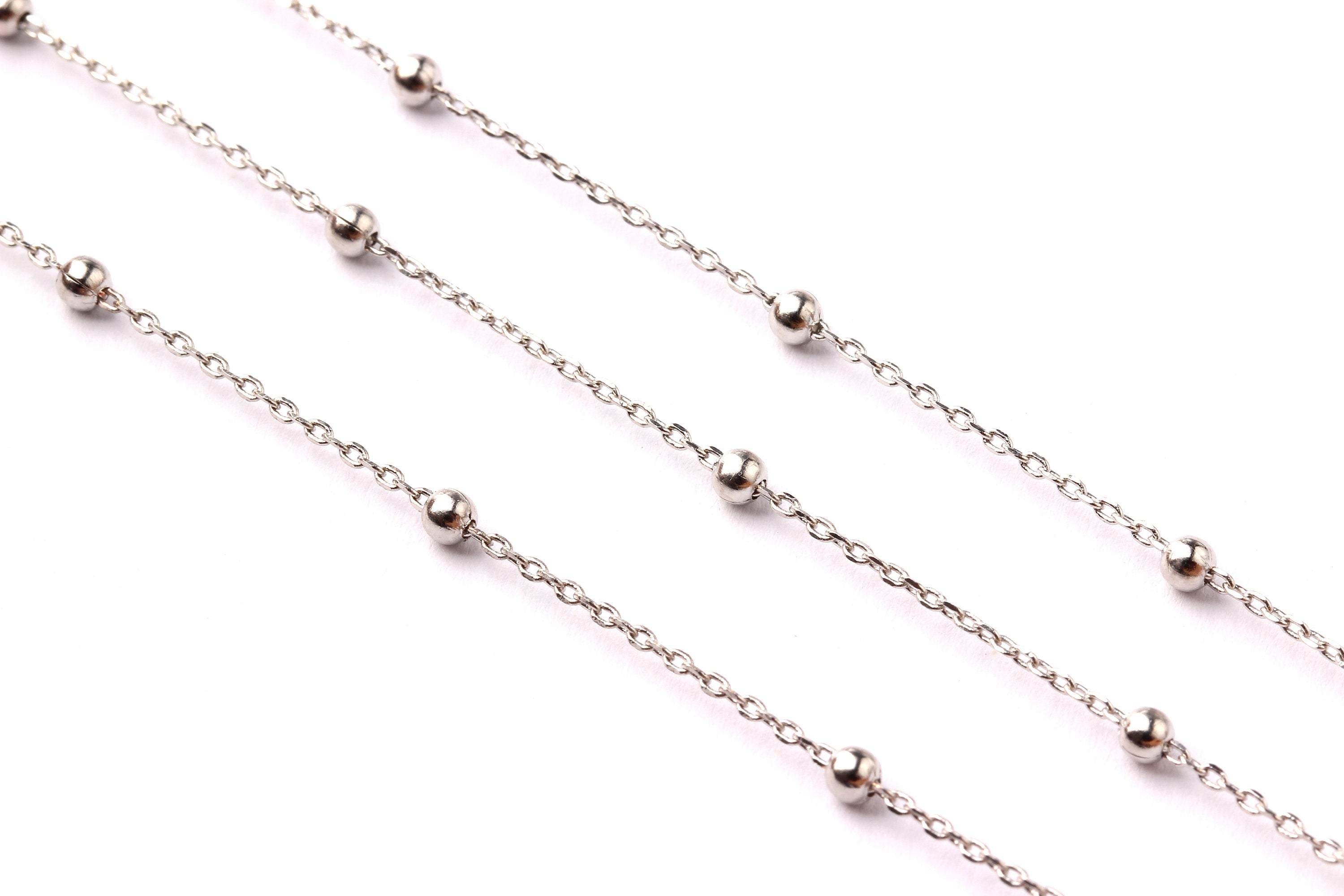 Ball Satellite Flat Cable Chain - Brass Chain- Silver Plated - Soldered - 0.07&quot; x 0.04&quot; x 0.01&quot; - Necklace Bracelet Jewelry Making - CC1021 - DOMEDBAZAAR
