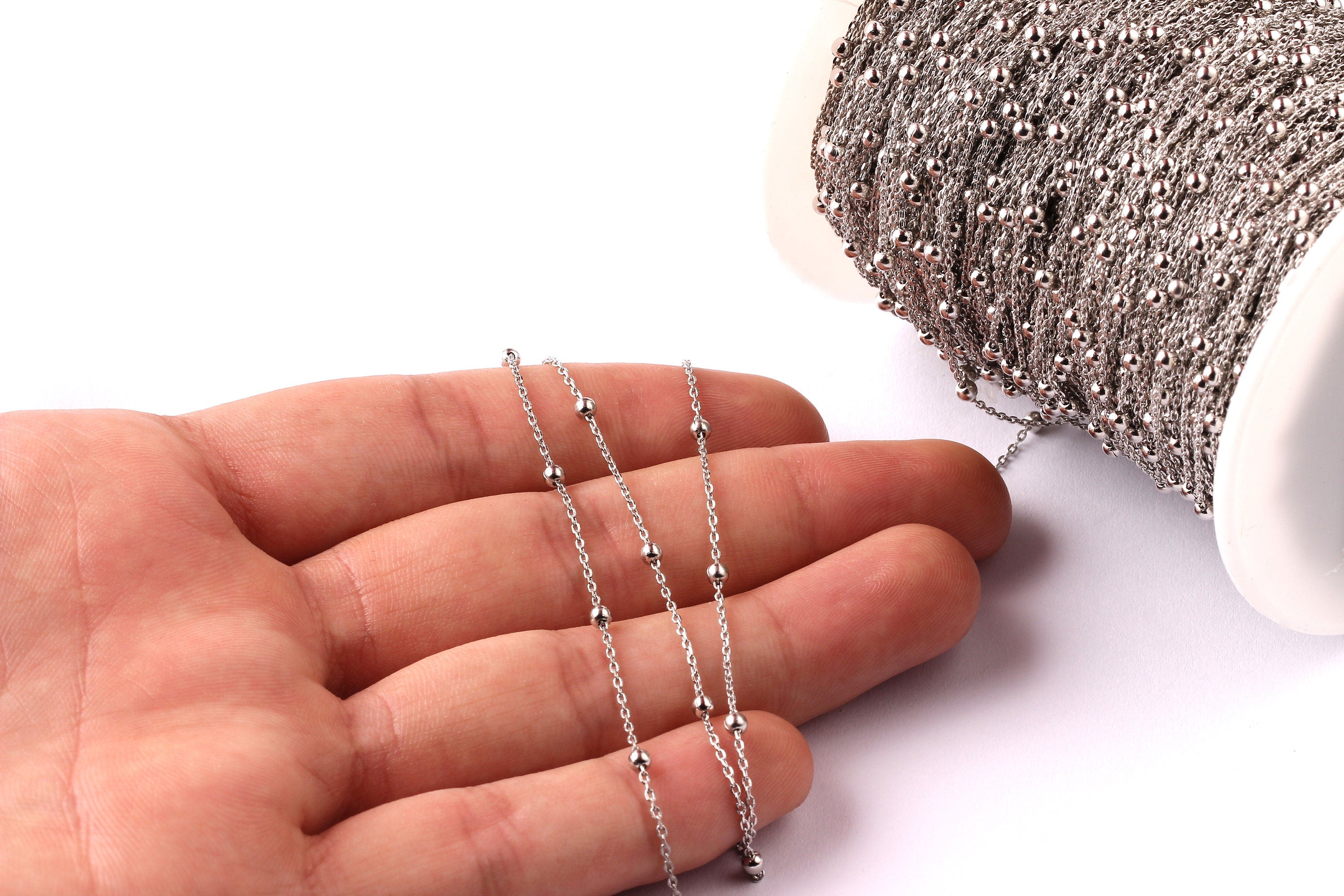 Ball Satellite Flat Cable Chain - Brass Chain- Silver Plated - Soldered - 0.07&quot; x 0.04&quot; x 0.01&quot; - Necklace Bracelet Jewelry Making - CC1021 - DOMEDBAZAAR
